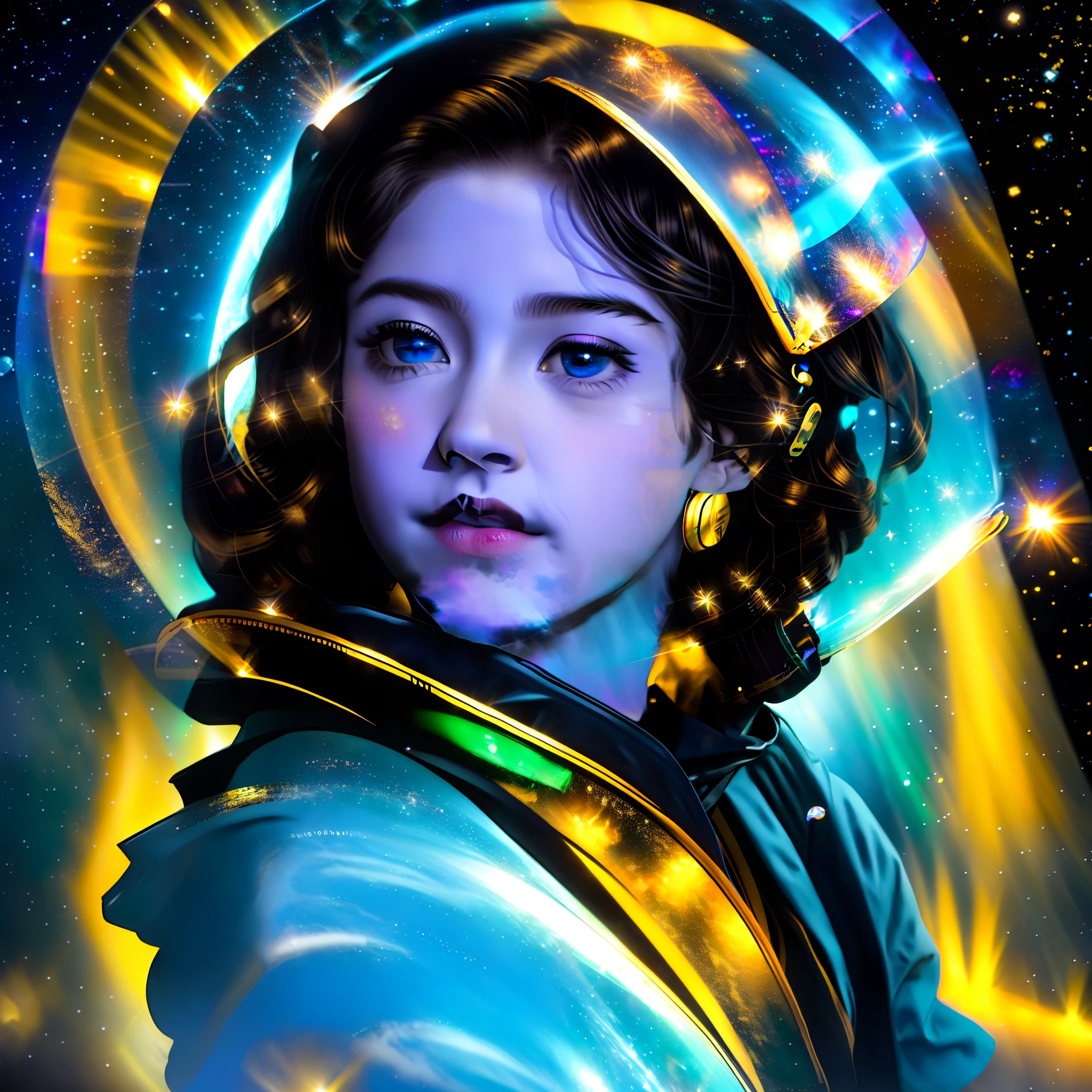 The space station has fluorescent jellyfish and a large viewing window that allows you to see the vast universe. The background is gray light, natural stereo lighting casts soft shadows and highlights on the boy's face and spacesuit, stars twinkle in the distance, and a nearby planet casts a blue glow on the boy's face. The room is equipped with state-of-the-art technology, including a control panel, touchscreen, and holographic display that displays data and images from the surrounding space. In the distance, several other astronauts can be seen floating in the air in their own spacesuits, performing various missions and experiments. In general, the image should convey a feeling of futuristic technology and space exploration, ultra-clear, sense of light and shadow, black cape cloak, black hair, handsome boy, Asian handsome pro-year, the world's first handsome, high cold, sunshine, sea of stars, cosmic background, fluorescent jellyfish, front photos of characters, master works, kingly style, black spacesuit, black cape, gold decoration, gold trim, golden pupils, handsome guy, handsome guy, handsome guy