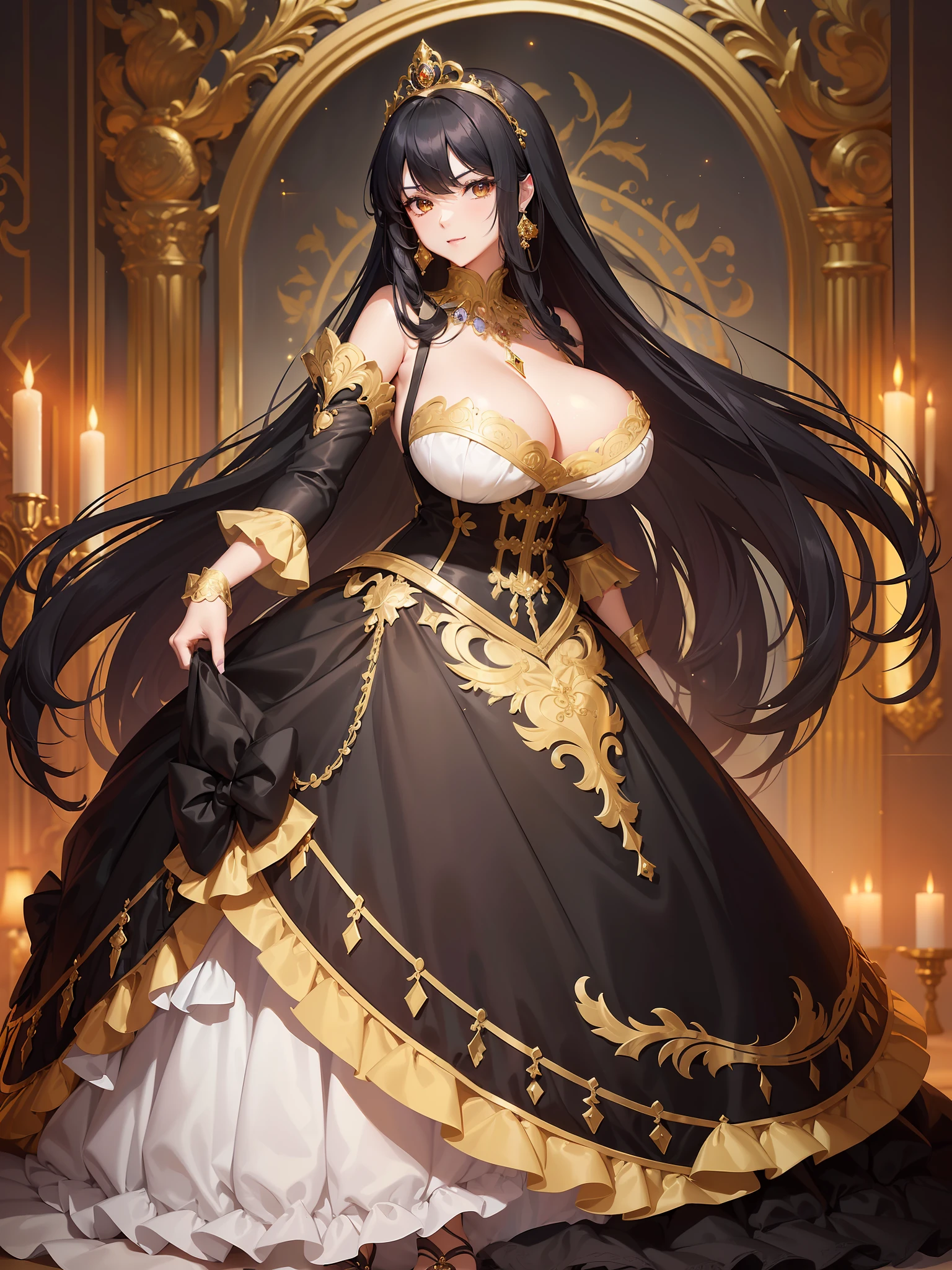 ((anime moe artstyle)),(((Masterpiece))), ((Best Quality)), ((Super Detail)), (Illustration), (((Very Delicate and Beautiful))),Dynamic Angle,Looking at viewer,((((Solo)))),((1 arrogant lady)),(a beautiful fantasy arrogant empress),(((Full body))),Standing,royal elegant pose,((dominant pose)),(arrogant),((haughty smile)),Purple eyes,(Sharp eyes),Detailed Face, Long Eyelashes,(Jet Black Hair),(Straight Hair),(((Very Long Hair))),Bangs between eyes, ((((gigantic breasts)))),cleavage,(skindentation),curvy,(rococo ball gown with gorgeous embroidered black and gold ruffles),(gorgeous embroidered black and gold ruffled rococo ball gown),(fluffy Black and gold ballgown with gorgeous embroidery),corset,((hoop skirt)),princess dress with lots of jewels,((gorgeous embroidery)),(gold trim),((crinoline)),opera gloves,finely decorated jeweled tiara, gem earrings,finely decorated necklace,Beautifully jeweled ornaments,indoor,royal ballroom,light particles,