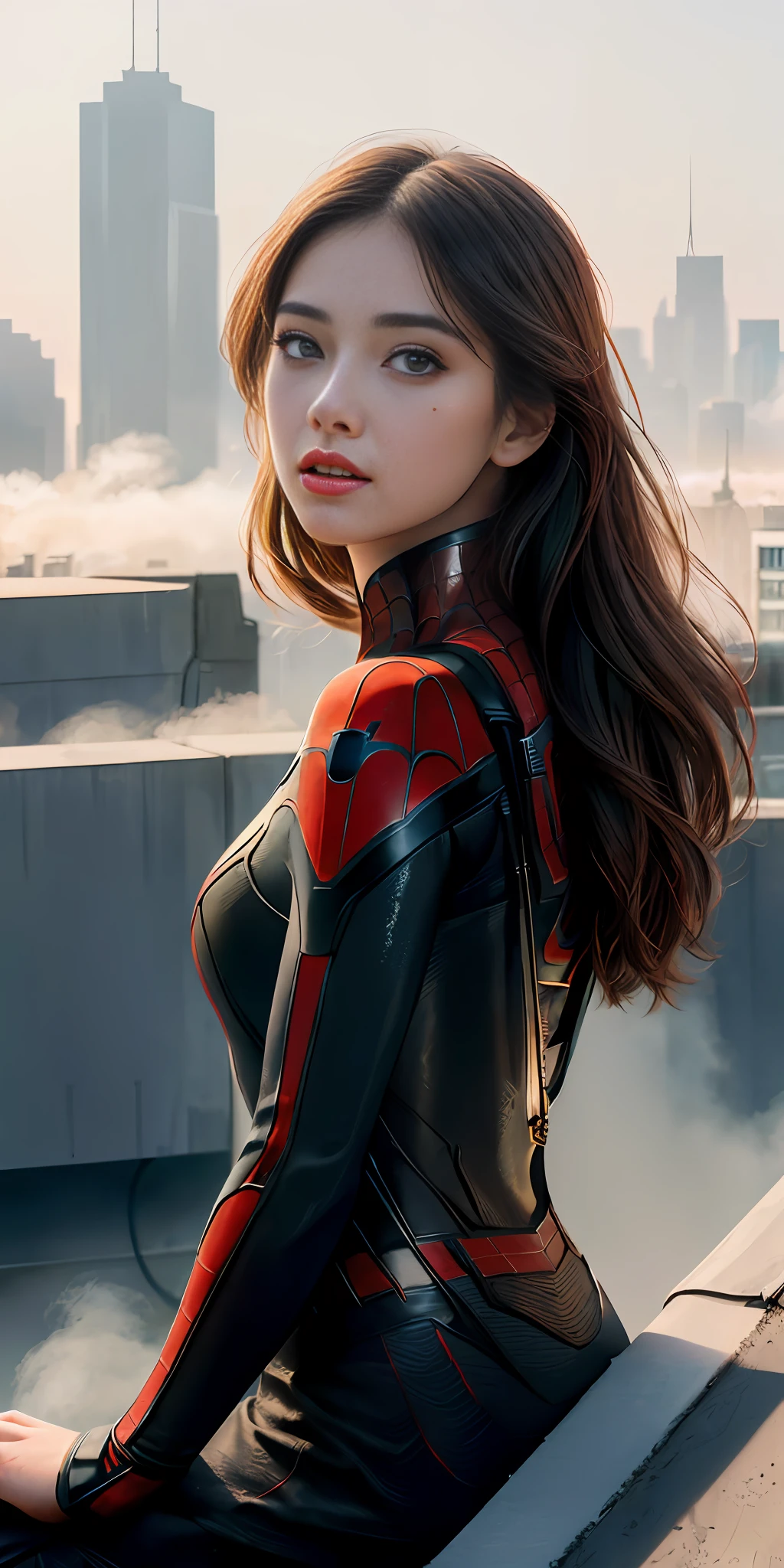 (1girl:1.3), Solo, (((Very detailed face)))), ((Very detailed eyes and face)))), Beautiful detail eyes, Body parts__, Official art, Unified 8k wallpaper, Super detailed, beautiful and beautiful, beautiful, masterpiece, best quality, original, masterpiece, super fine photo, best quality, super high resolution, realistic realism, sunlight, full body portrait, amazing beauty, dynamic pose, delicate face, vibrant eyes, (from the front), She is wearing a Spider-Man suit, red and black color scheme, spider, very detailed city roof background, rooftop, overlooking the city, detailed face, detailed complex busy background, messy, gorgeous, milky white, highly detailed skin, realistic skin details, visible pores, clear focus, volumetric fog, 8k uhd, DSLR camera, high quality, film grain, fair skin, photo realism, lomography, future dystopian megalopolis,