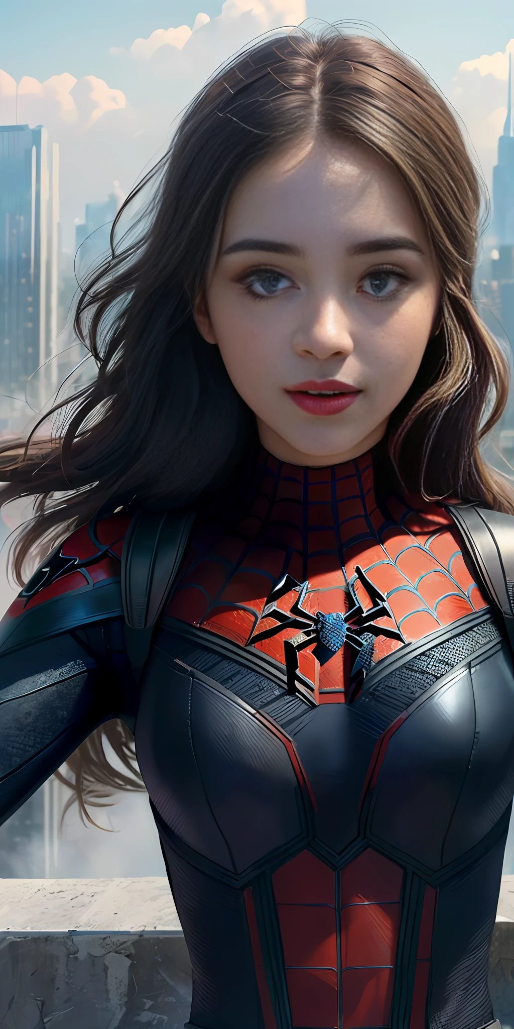 (1girl:1.3), Solo, (((Very detailed face)))), ((Very detailed eyes and face)))), Beautiful detail eyes, Body parts__, Official art, Unified 8k wallpaper, Super detailed, beautiful and beautiful, beautiful, masterpiece, best quality, original, masterpiece, super fine photo, best quality, super high resolution, realistic realism, sunlight, full body portrait, amazing beauty, dynamic pose, delicate face, vibrant eyes, (from the front), She is wearing a Spider-Man suit, red and black color scheme, spider, very detailed city roof background, rooftop, overlooking the city, detailed face, detailed complex busy background, messy, gorgeous, milky white, highly detailed skin, realistic skin details, visible pores, clear focus, volumetric fog, 8k uhd, DSLR camera, high quality, film grain, fair skin, photo realism, lomography, future dystopian megalopolis,