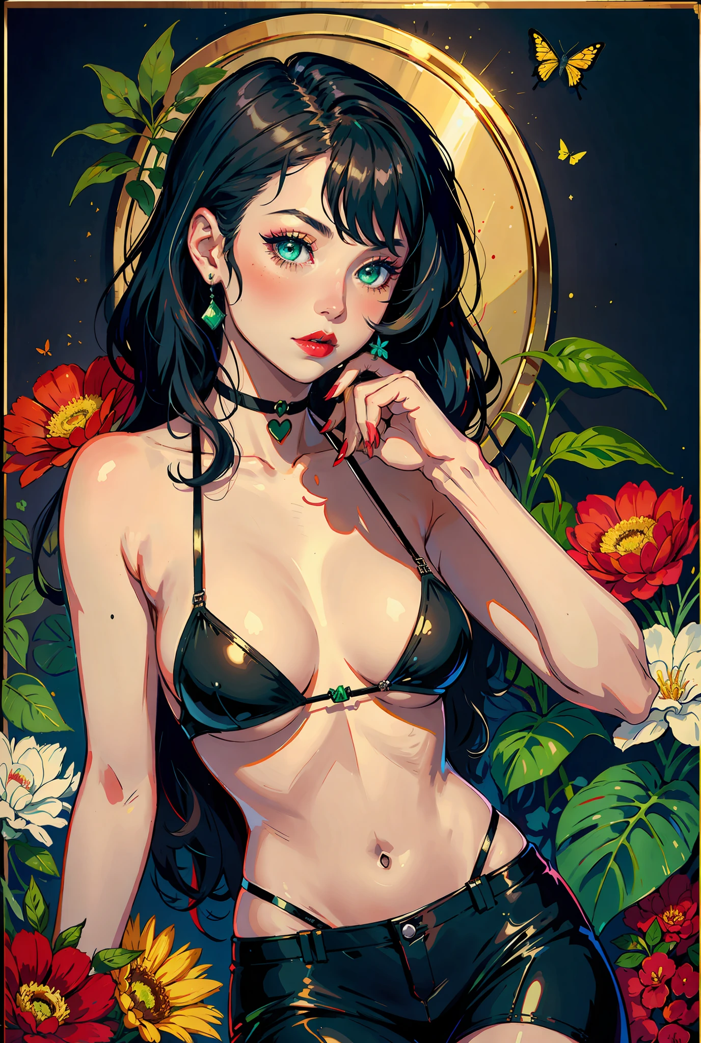 8k, solo, beautiful girl, black cat, makeup, blush, lipstick, red lips, portrait, realistic, green eyes, looking at the viewer, painting, butterflies, bikini