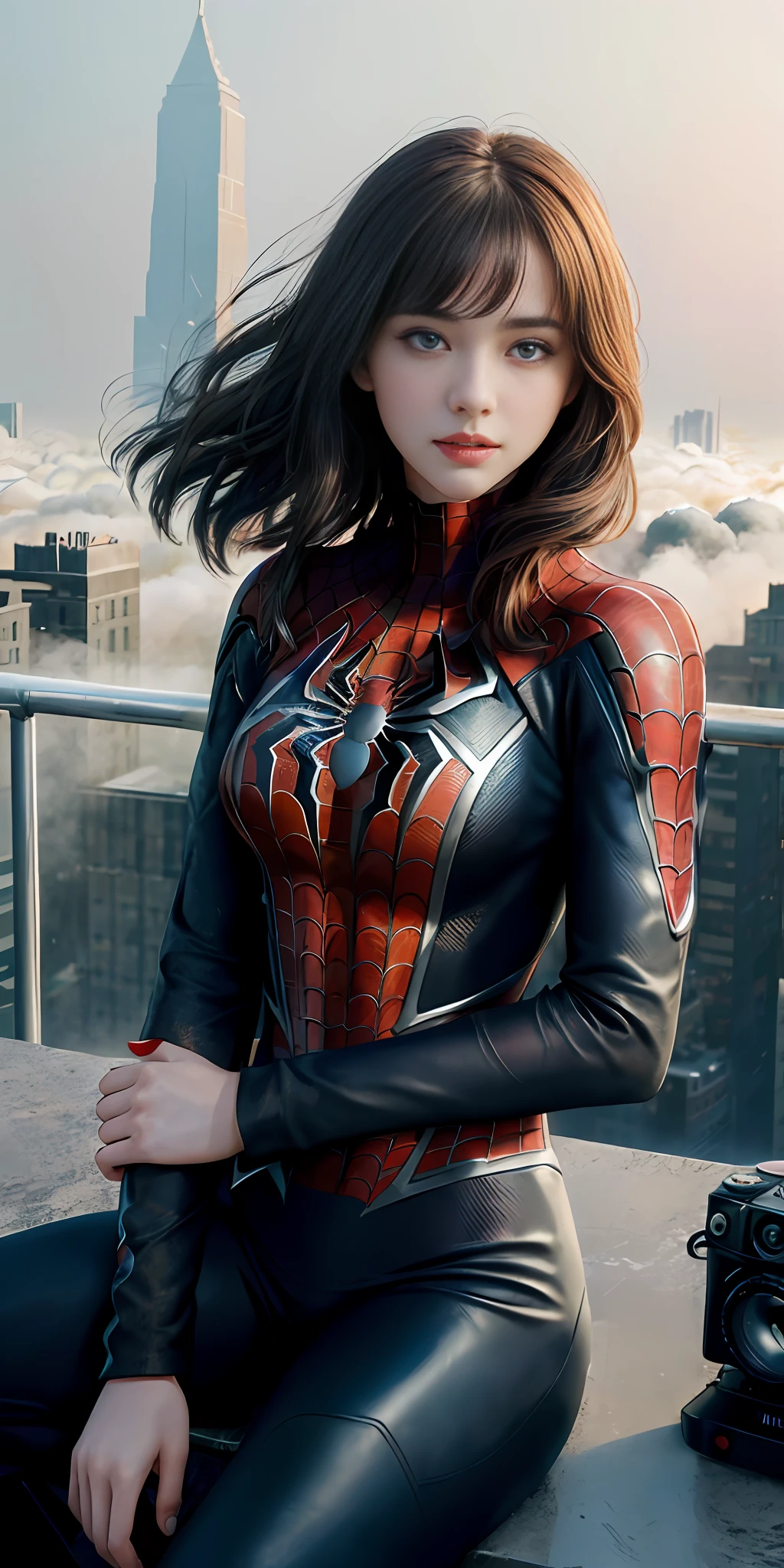 (1girl:1.3), Solo, (((Very detailed face)))), ((Very detailed eyes and face)))), Beautiful detail eyes, Body parts__, Official art, Unified 8k wallpaper, Super detailed, beautiful and beautiful, beautiful, masterpiece, best quality, original, masterpiece, super fine photo, best quality, super high resolution, realistic realism, sunlight, full body portrait, amazing beauty, dynamic pose, delicate face, vibrant eyes, (from the front), She is wearing a Spider-Man suit, red and black color scheme, spider, very detailed city roof background, rooftop, overlooking the city, detailed face, detailed complex busy background, messy, gorgeous, milky white, highly detailed skin, realistic skin details, visible pores, clear focus, volumetric fog, 8k uhd, DSLR camera, high quality, film grain, fair skin, photo realism, lomography, future dystopian megalopolis,