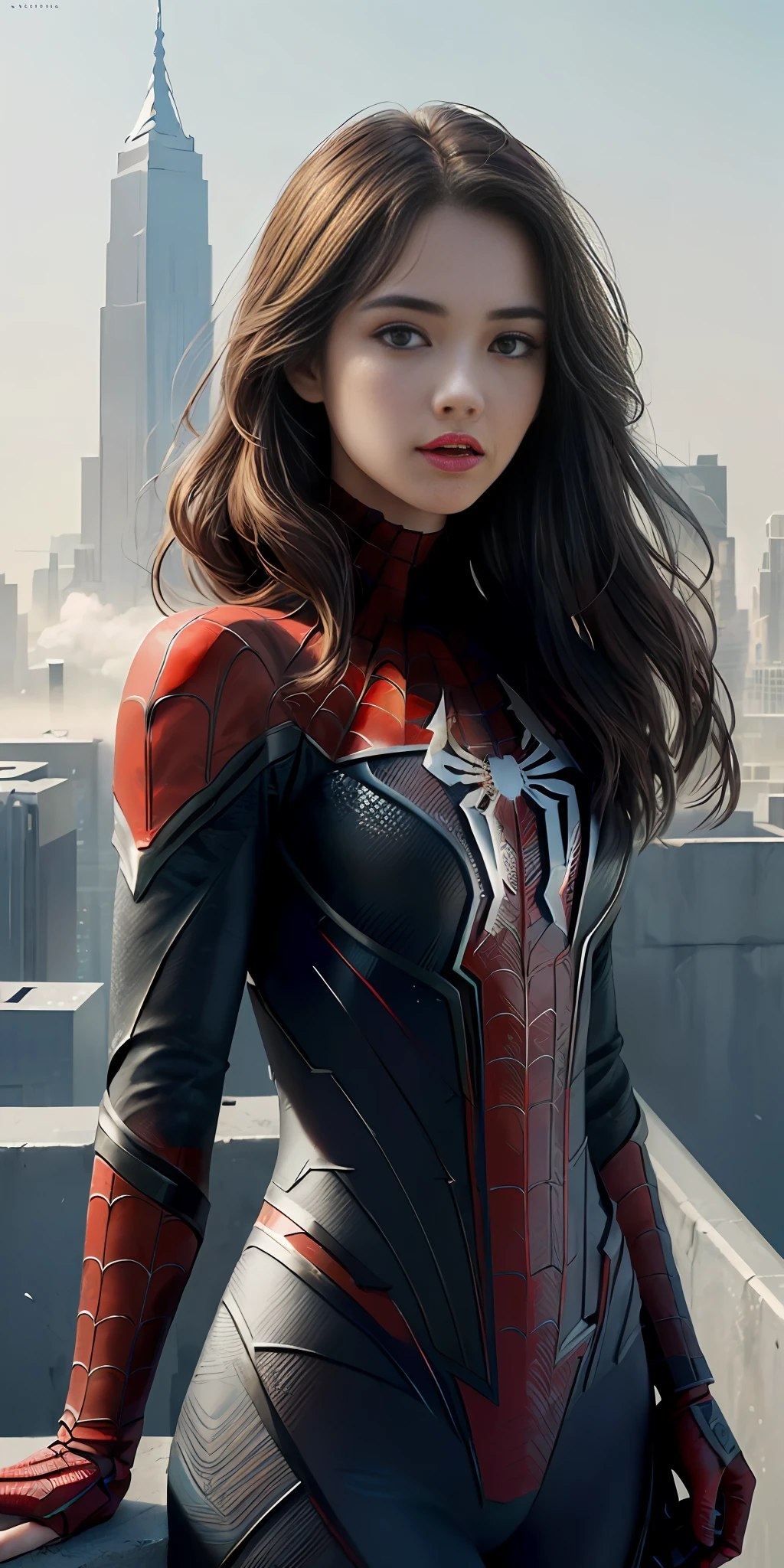 (1girl:1.3), Solo, (((Very detailed face)))), ((Very detailed eyes and face)))), Beautiful detail eyes, Body parts__, Official art, Unified 8k wallpaper, Super detailed, beautiful and beautiful, beautiful, masterpiece, best quality, original, masterpiece, super fine photo, best quality, super high resolution, realistic realism, sunlight, full body portrait, amazing beauty, dynamic pose, delicate face, vibrant eyes, (from the front), She wears Spider-Man suit, red and black color scheme, spider, very detailed city roof background, rooftop, overlooking the city, detailed face, detailed complex busy background, messy, gorgeous, milky white, highly detailed skin, realistic skin details, visible pores, clear focus, volumetric fog, 8k uhd, DSLR, high quality, film grain, fair skin, photo realism, lomography, futuristic dystopian megalopolis, translucent