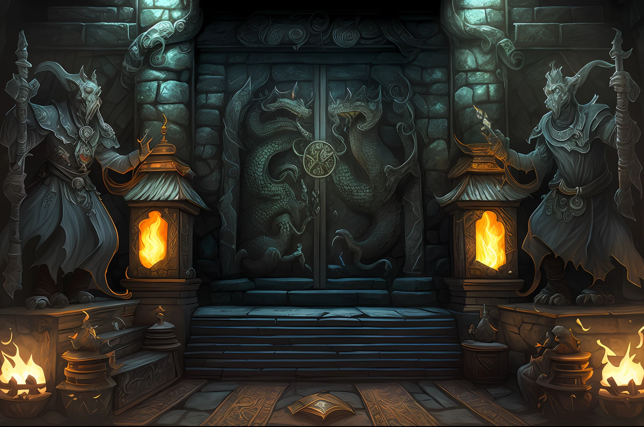there are two statues in front of a door with a fire, dungeon background, background artwork, detailed game art, temple background, rustic throne room, dungeon and dragon illustration, dungeon and dragon, light kingdom backdrop, throne room, detailed game art illustration, mysterious temple setting, library of ruina concept art, crocodile god lair, interior background art, highly detailed fantasy art --auto --s2