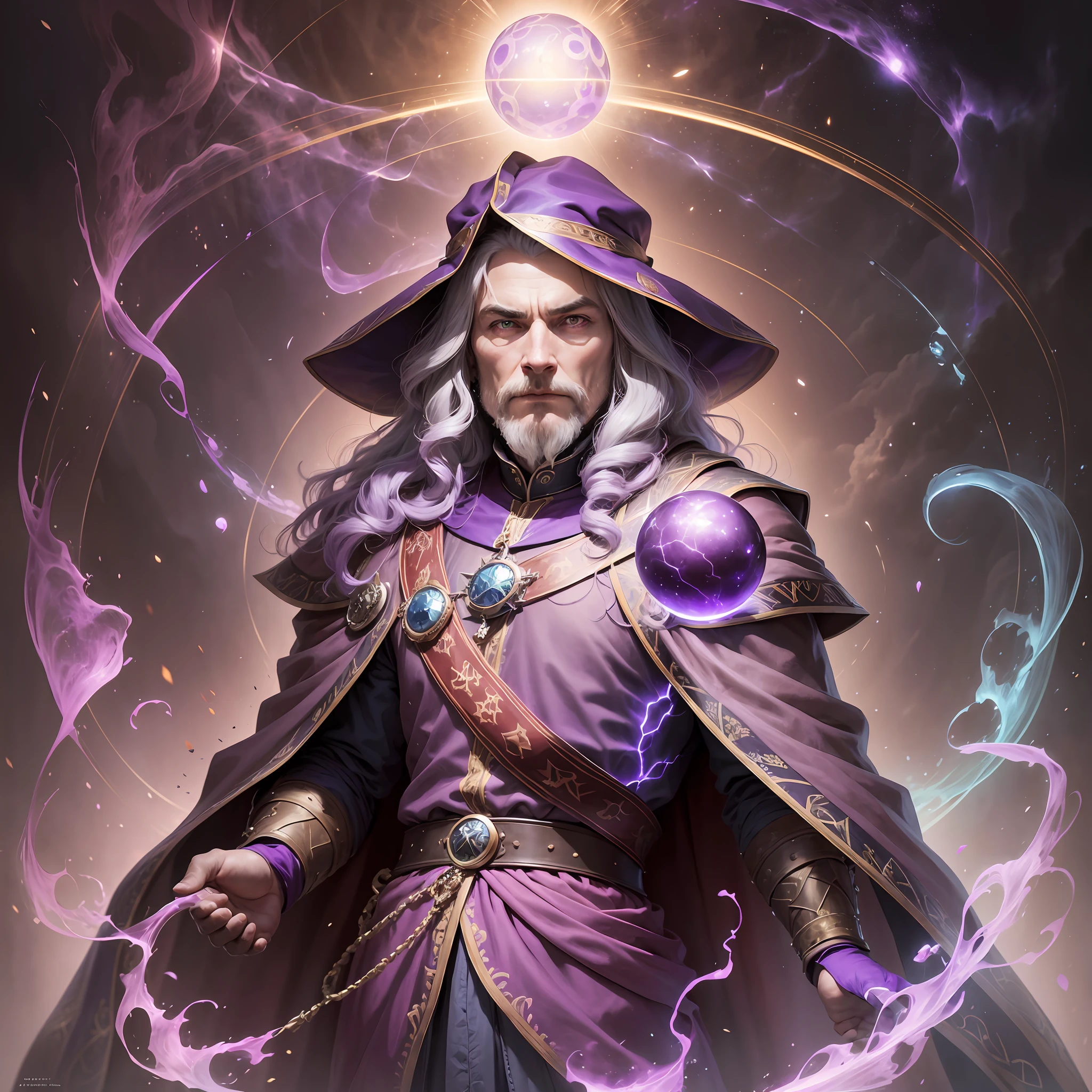 A man, in the style of visionary otherworldly, portraits with soft lighting, Wizard cape, fully clothed, kevin mcneal, mark seliger, dark purple and bronze, luminous spheres, leonardo da vinci --auto --s2