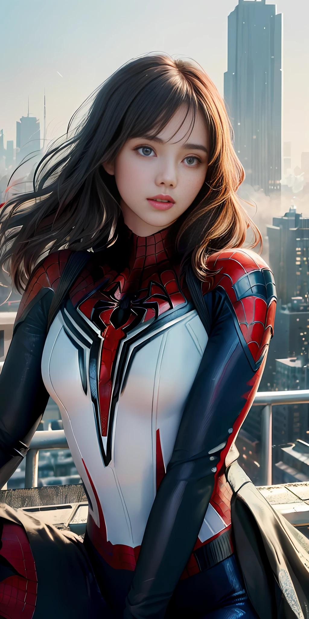 (1girl:1.3), Solo, (((Very detailed face)))), ((Very detailed eyes and face)))), Beautiful detail eyes, Body parts__, Official art, Unified 8k wallpaper, Super detailed, beautiful and beautiful, beautiful, masterpiece, best quality, original, masterpiece, super fine photo, best quality, super high resolution, realistic realism, sunlight, full body portrait, amazing beauty, dynamic pose, delicate face, vibrant eyes, (from the front), She wears Spider-Man suit, red and black color scheme, spider, very detailed city roof background, rooftop, overlooking the city, detailed face, detailed complex busy background, messy, gorgeous, milky white, highly detailed skin, realistic skin details, visible pores, clear focus, volumetric fog, 8k uhd, DSLR, high quality, film grain, fair skin, photo realism, lomography, futuristic dystopian megalopolis, translucent