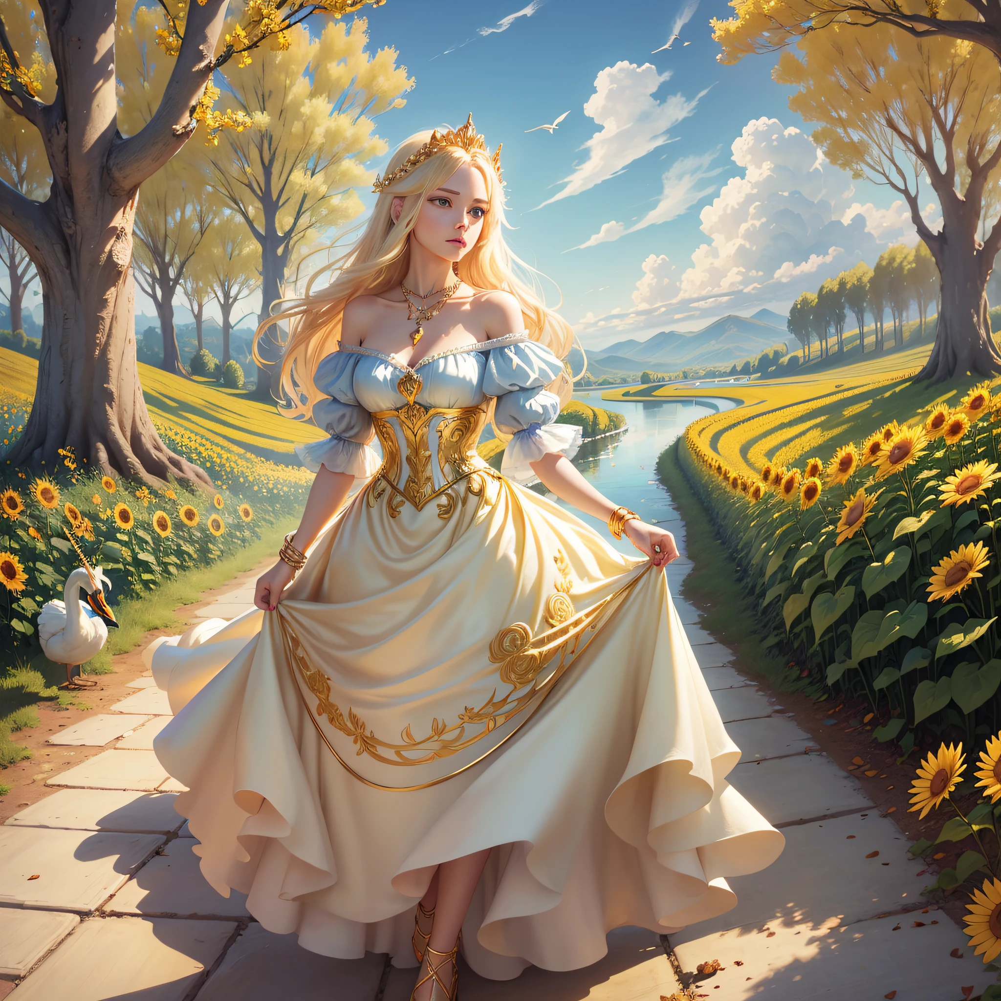 (Wallpaper ) Beautiful blonde woman with blue eyes, transparent dress, gold necklace, gold rings, flat white shoes, gold bracelet, blue sky, clouds, birds, unicorn, sunflowers, yellow roses, red roses, trees, grasses, lake, swan, adventure movie set, princess, enchanted movie, cinematic image, 8k --auto --s2
