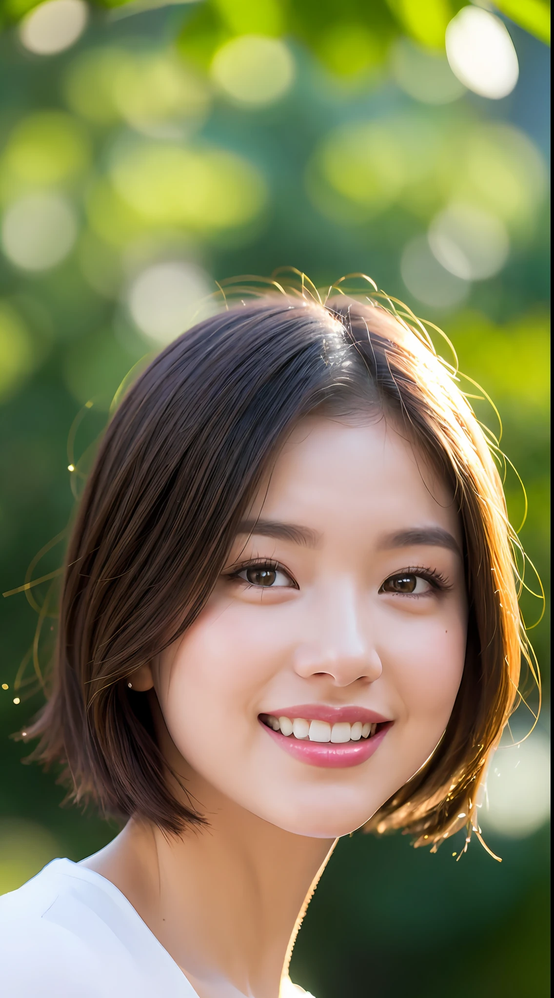 (8k, RAW Photos, Best Quality, High Resolution: 1.1), (Ultra Realistic: 1.4), (Realistic, Photorealistic: 1.3), Soft Light, Big, Girl, Realistic Face, Realistic Body, Realistic Skin, Absurdity, Masterpiece, (Cute: 1.8), Cuties, Solo, (Big: 1.2), Detailed Black Eyes, Innocent Eyes, Cheek, (T-Shirt: 1.2), Cinema Light, Film grain, jewelry, white polo shirt, ((short bob hair: 1.1)), (floating hair nova frog style)), cherry colored lips, close-up, look viewer, upper body, open lips, upper teeth, (smiling eyes: 0.6), (grinning: 1.2)), depth of field, blurred background, eye focus, bokeh, young, 85mm lens, f/1.4, Professional Lighting, Young, Portrait, Photon Mapping, Radiosity, Physically Based Rendering, No Bra