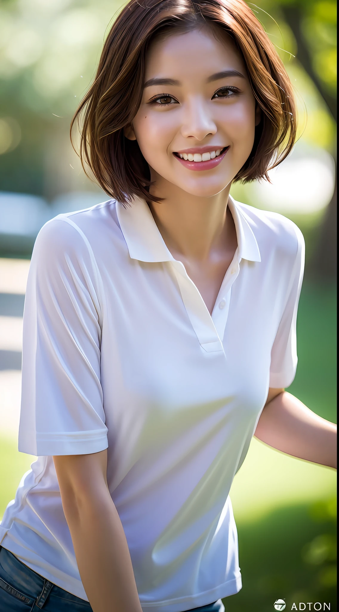 (8k, RAW Photos, Best Quality, High Resolution: 1.1), (Ultra Realistic: 1.4), (Realistic, Photorealistic: 1.3), Soft Light, Big, Girl, Realistic Face, Realistic Body, Realistic Skin, Absurdity, Masterpiece, (Cute: 1.8), Cuties, Solo, (Big: 1.2), Detailed Black Eyes, Innocent Eyes, Cheek, (T-Shirt: 1.2), Cinema Light, Film grain, jewelry, white polo shirt, ((short bob hair: 1.1)), (floating hair nova frog style)), cherry colored lips, close-up, look viewer, upper body, open lips, upper teeth, (smiling eyes: 0.6), (grinning: 1.2)), depth of field, blurred background, eye focus, bokeh, young, 85mm lens, f/1.4, Professional Lighting, Young, Portrait, Photon Mapping, Radiosity, Physically Based Rendering, No Bra