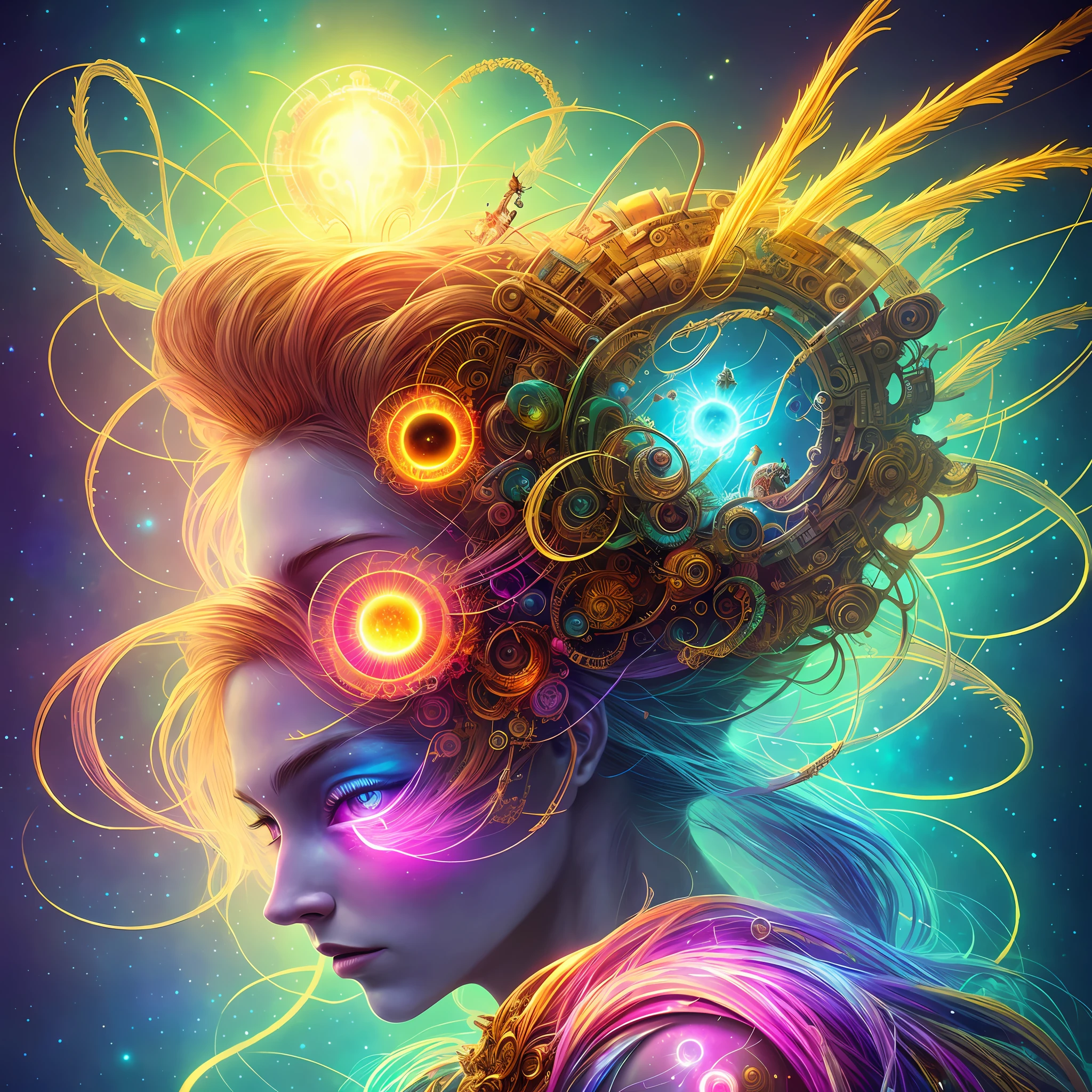 Galactic bunny with lots of hair on his head, third eye, staring at something far away, intricate details, electric, fantasy art, Anato Finnstark, latex painting, very detailed, misty rutkowski, HDR, ultra-detailed, edge light, faded, dull, fluorescent jellyfish, gold accessories