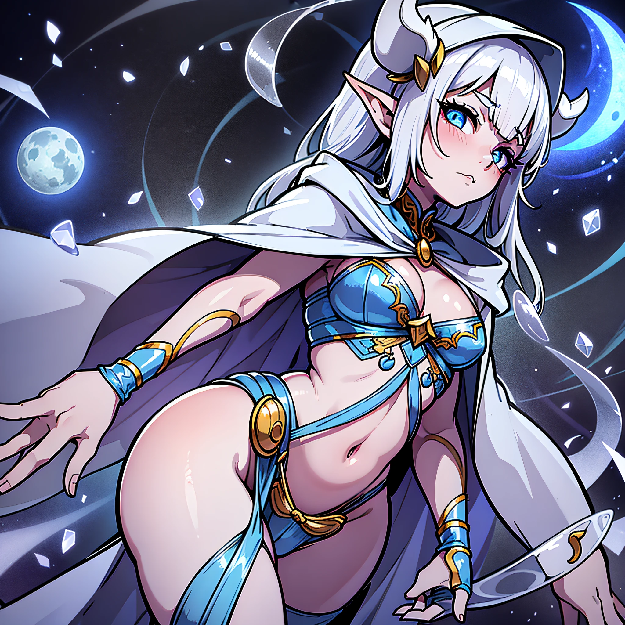 Elf ears, pointed ears, ((robe)), ((hood up)), ((hood with antlers)), Mysterious, Enigmatic, Otherworldly, Solitary, Sage, Lunar being, Moonlight, Silver-white hair, Shimmering blue and silver ribbons, Moonlit night, ((Reflective eyes)), Deep wisdom, Melancholy, Graceful, Pale luminescence, Moonlight glow, Silver-white hair, Shimmering blue and silver ribbons, Reflective eyes, Silvery-blue glow, Moonlit night, Flowing gown, Phases of the moon, Dark blue, Deep purple, Silver and gold celestial patterns, Stars, Moons, Constellations, High collar, Hood, Silver amulet, Delicate chain, lantern, Moon, Gentle source of light, Silver rings, Moonstones, ((1girl)), ((simple background)), ((colored background)), wide hips, ((full body)), ((pin up)), ((big butt)), ((big eyes)), ((colored skin)), (hooded robes)), ((robes)), ((backshot)), ((from below)), ((small breasts)), ((adult))