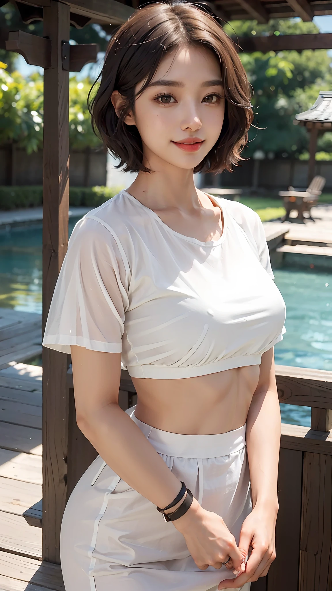 ((Best Quality, 8k)), Tanned Brown Skin, Delicate and Lifelike Beauty, 25 Years Old, Japan Idol, Solo, Big, Beautiful Woman in Perfect Style, Short Bob Hair, Black Hair, Front, Upper Body Up, Smile, White Teeth, See-Through Shirt, No Bra, Sunny Weather