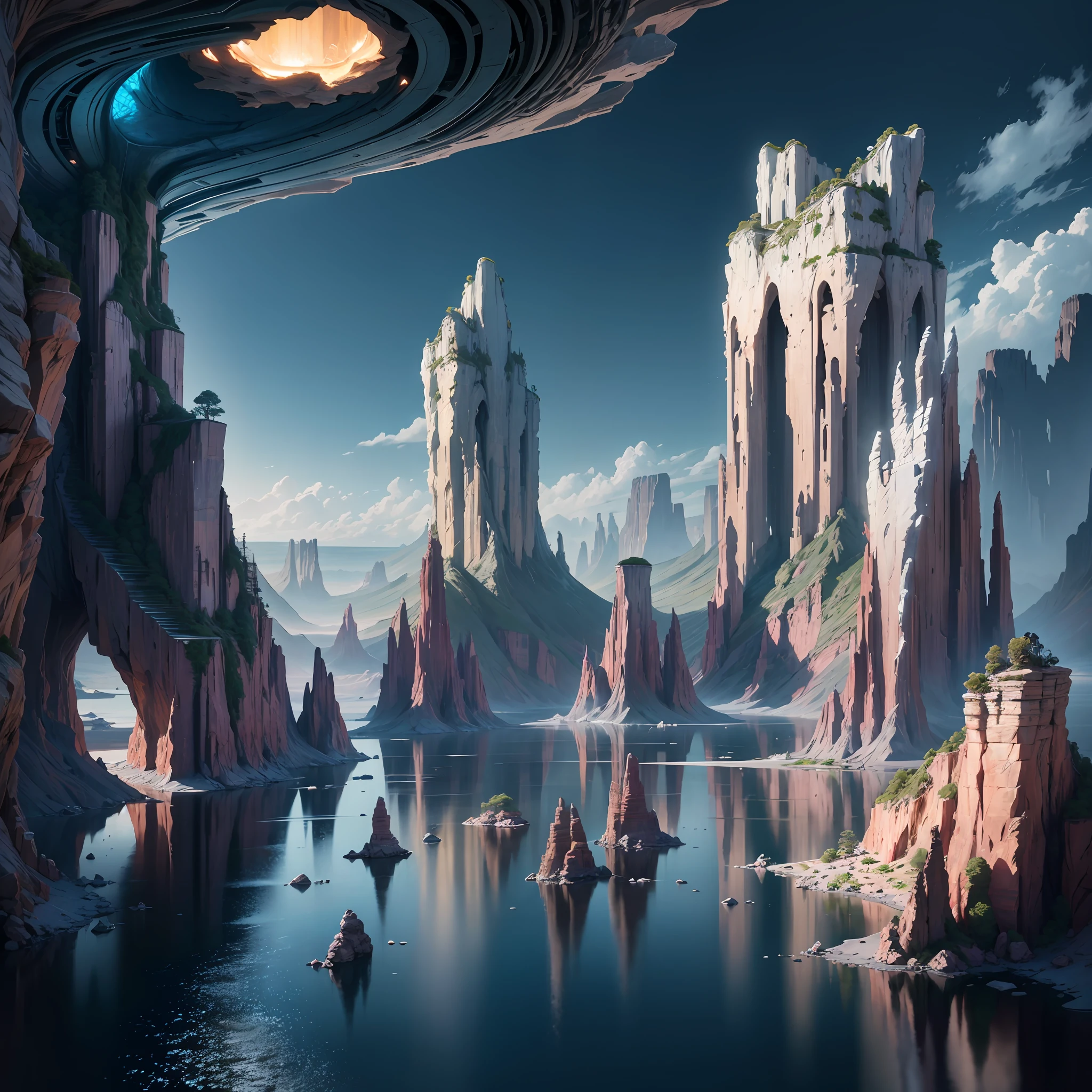 Futuristic design of cave dwelling space concept art on grand Canyon caves nature architecture, proportional,detailed, cave architecture nature meets futuristic architecture by Toyo Ito and Philip Johnson with Jean Nouvel village,residential area, futuristic development, high rise made up staircases, balconies, full of rock and glass facades, residential spaces carved from cliff side ,trending on artstation, beautiful lighting,In the style of Andreas Achenbach and Norman Ackroyd masterpiece, fantasy, intricate, award winning, 4k, highest quality render --auto --s2