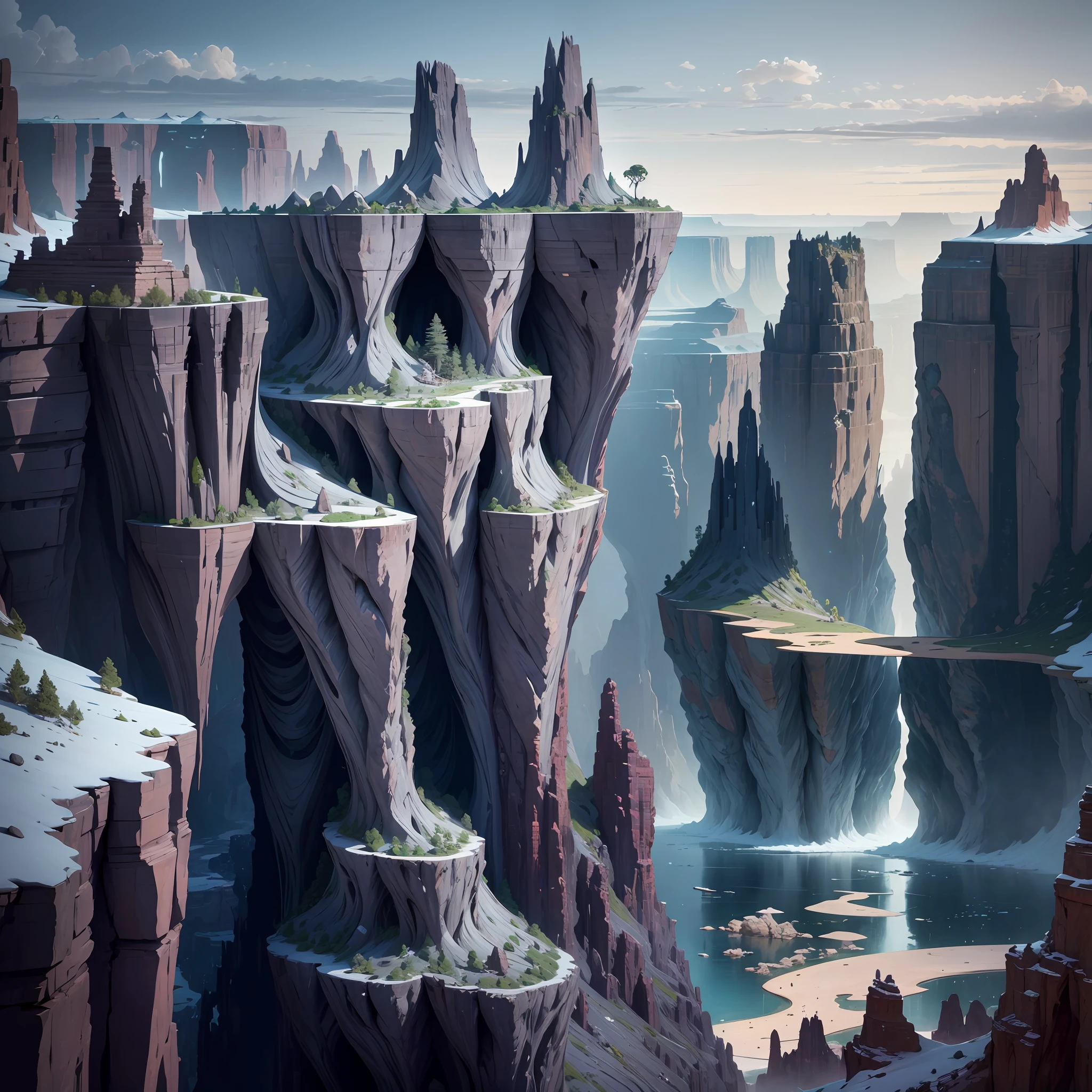 Futuristic design of cave dwelling space concept art on grand Canyon caves nature architecture, proportional,detailed, cave architecture nature meets futuristic architecture by Toyo Ito and Philip Johnson with Jean Nouvel village,residential area, futuristic development, high rise made up staircases, balconies, full of rock and glass facades, residential spaces carved from cliff side ,trending on artstation, beautiful lighting,In the style of Andreas Achenbach and Norman Ackroyd masterpiece, fantasy, intricate, award winning, 4k, highest quality render --auto --s2
