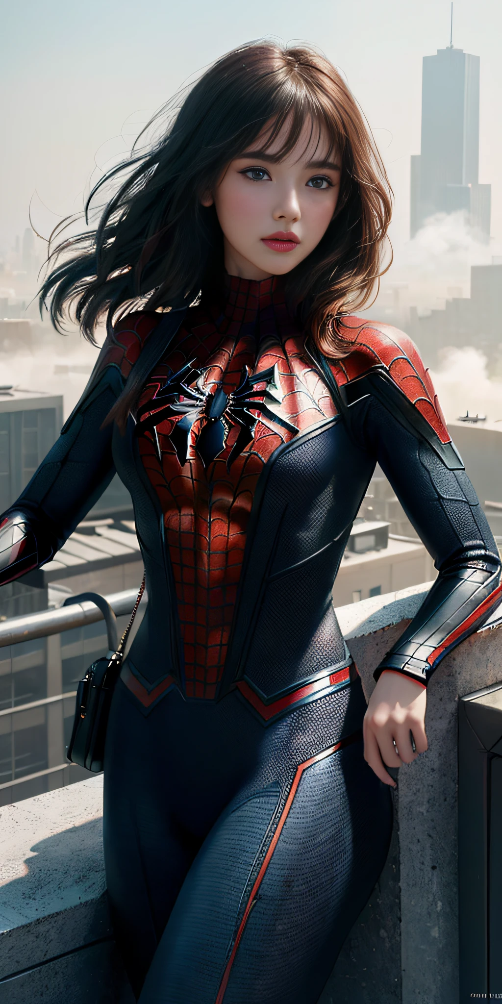 (1girl:1.3), Solo, (((Very detailed face)))), ((Very detailed eyes and face)))), Beautiful detail eyes, Body parts__, Official art, Unified 8k wallpaper, Super detailed, beautiful and beautiful, beautiful, masterpiece, best quality, original, masterpiece, super fine photo, best quality, super high resolution, realistic realism, sunlight, full body portrait, amazing beauty, dynamic pose, delicate face, vibrant eyes, (from the front), She wears Spider-Man suit, red and black color scheme, spider, very detailed city roof background, rooftop, overlooking the city, detailed face, detailed complex busy background, messy, gorgeous, milky white, highly detailed skin, realistic skin details, visible pores, clear focus, volumetric fog, 8k uhd, DSLR, high quality, film grain, fair skin, photo realism, lomography, futuristic dystopian megalopolis, translucent