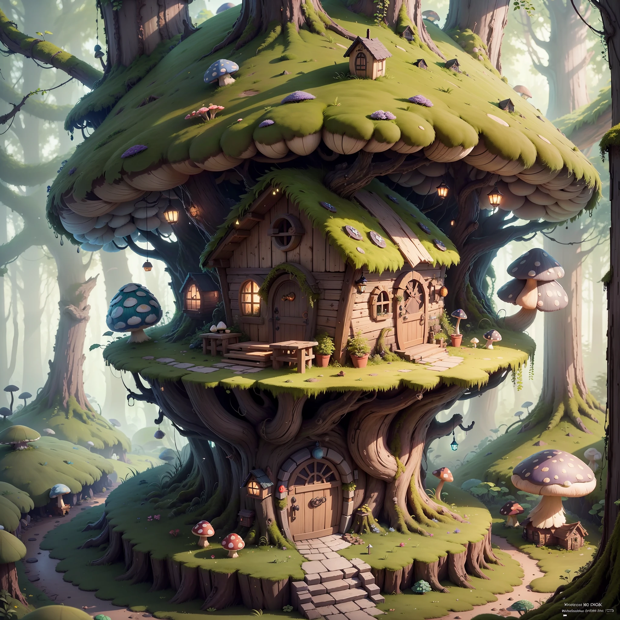 Masterpiece, best quality, (very detailed CG unity 8k wallpaper), (best quality), (best illustration), (best shadow), (round little mushroom house covered with moss, mini, model, pretty)), isometric 3D, octane rendering, ray tracing, very detailed --auto --s2