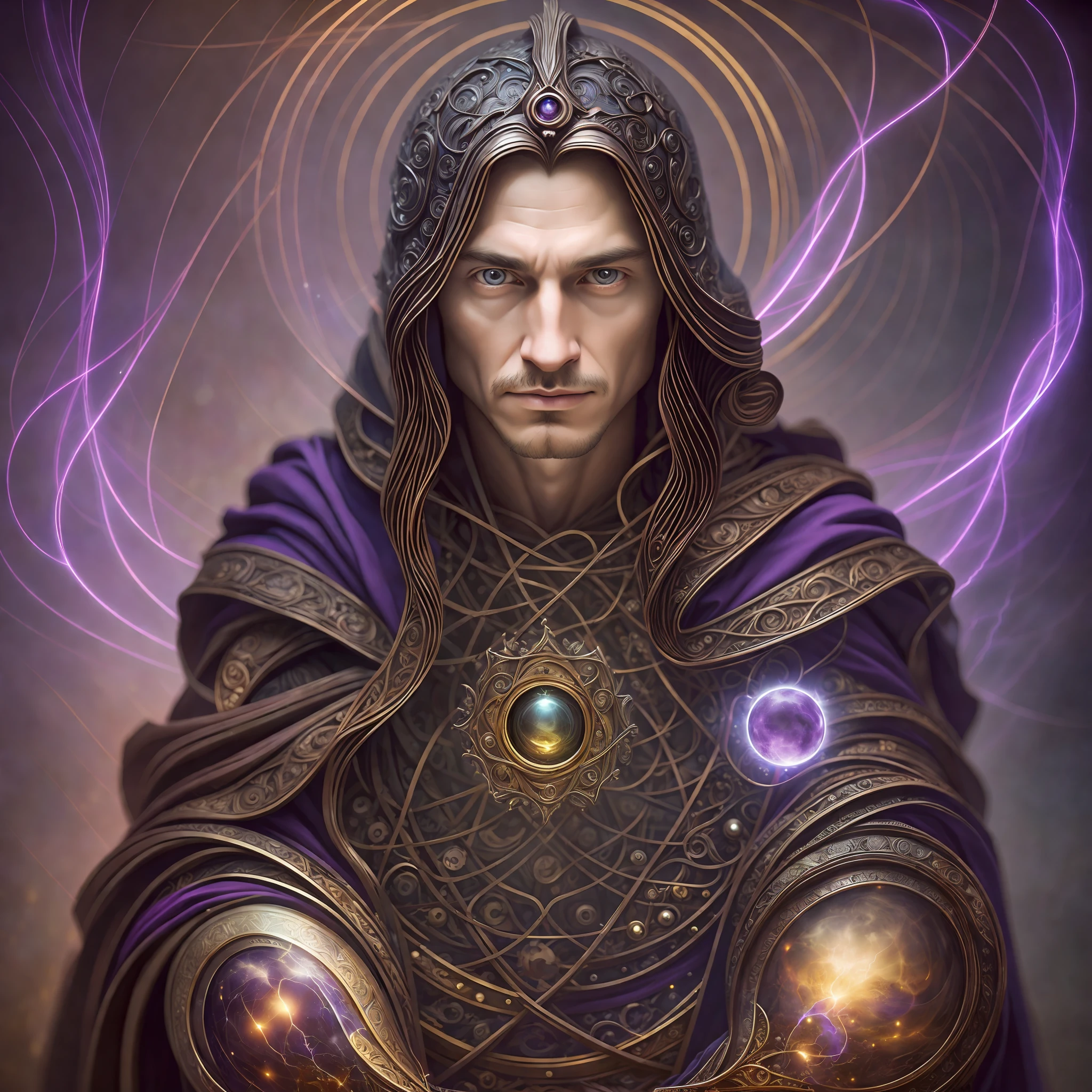 A man, in the style of visionary otherworldly, portraits with soft lighting, Wizard cape, fully clothed, kevin mcneal, mark seliger, dark purple and bronze, luminous spheres, leonardo da vinci --auto --s2