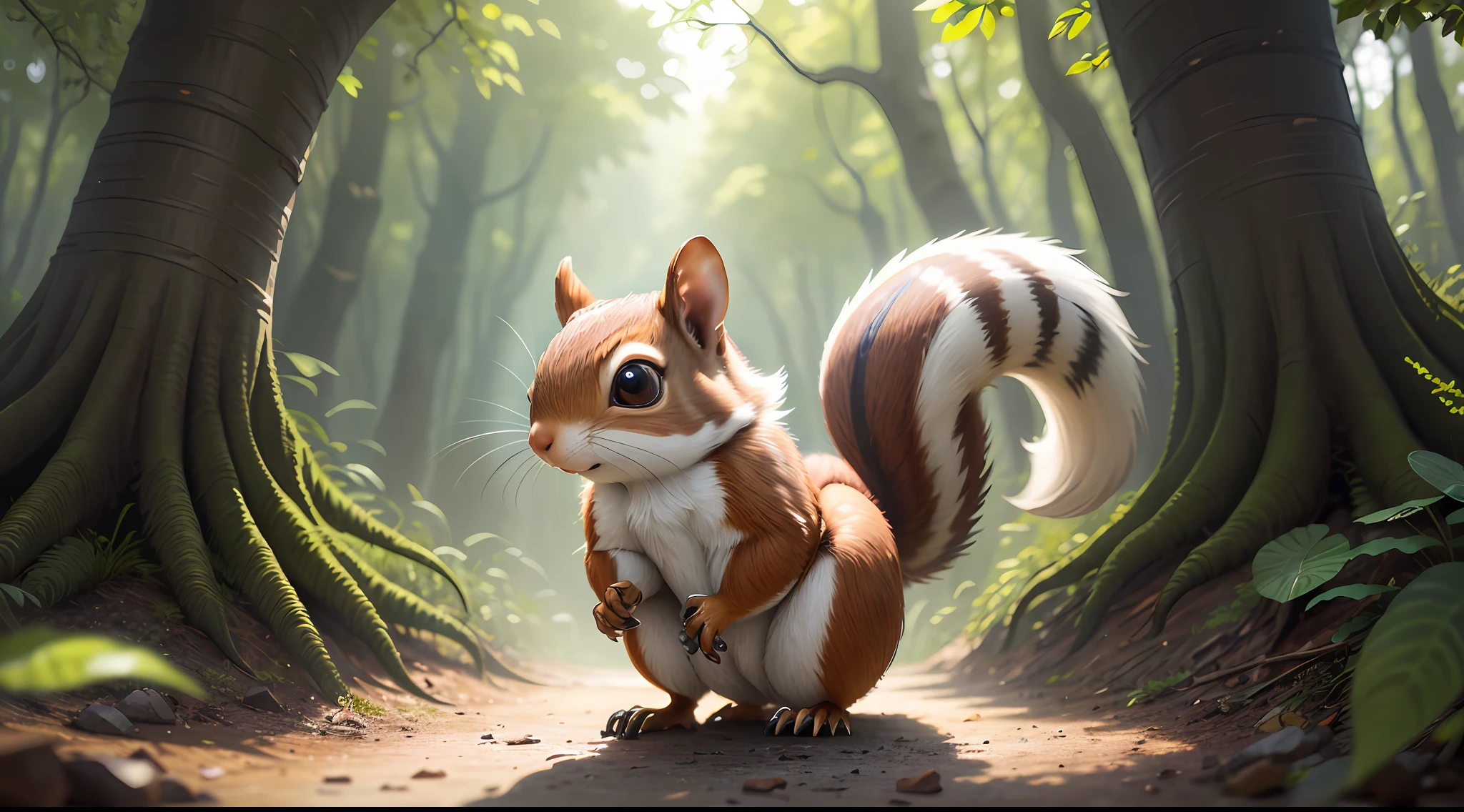 Masterpiece, best quality, cinematic lighting, beautiful concept art, surrealism, epic scene, 8K, a small creature scurrying across a tree branch. It's a squirrel like no other—its fur is silvery and its eyes gleam with wisdom. The squirrel stops and looks directly at viewer, introducing itself as Squeaky, the talking squirrel.
