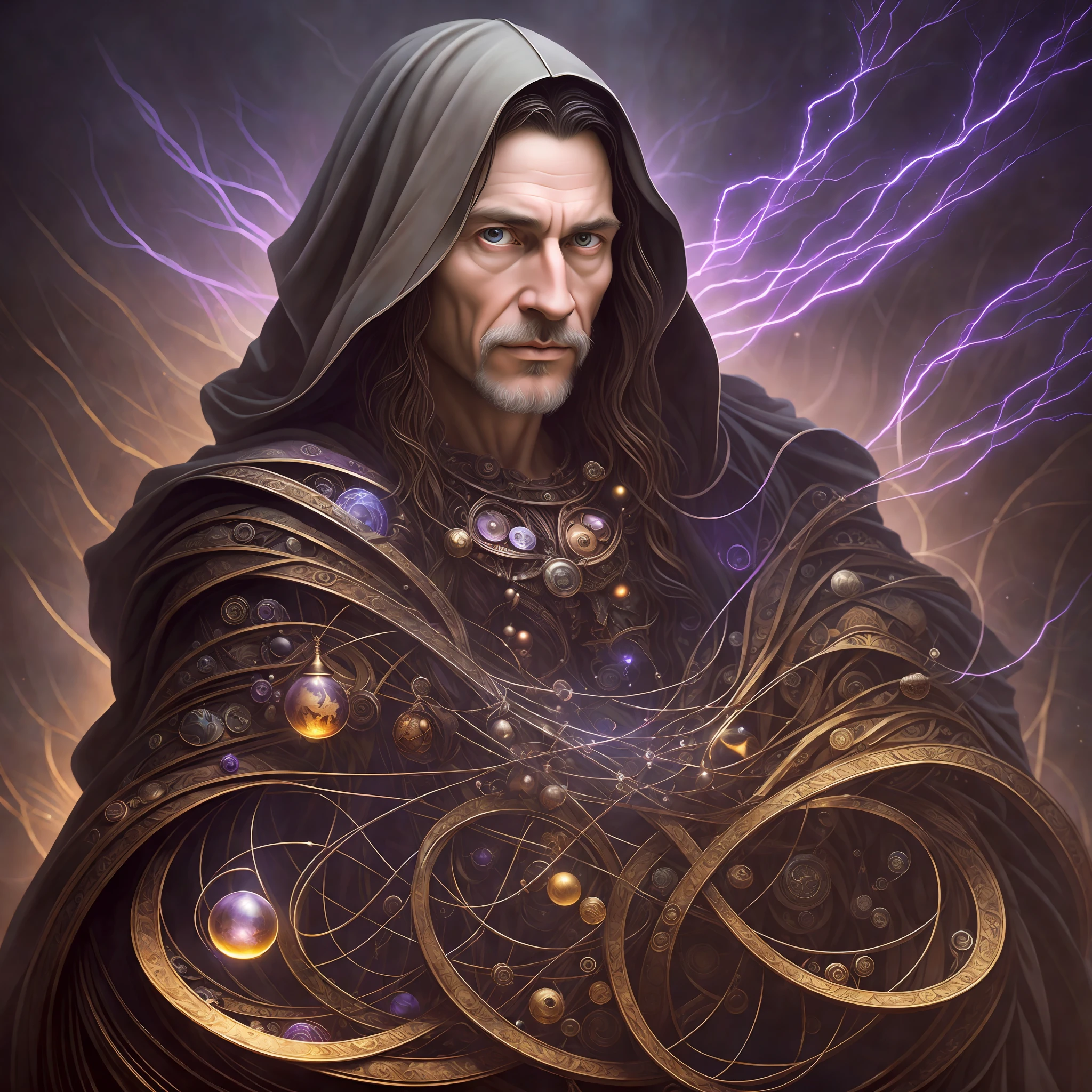 A man, in the style of visionary otherworldly, portraits with soft lighting, Wizard cape, fully clothed, kevin mcneal, mark seliger, dark purple and bronze, luminous spheres, leonardo da vinci --auto --s2