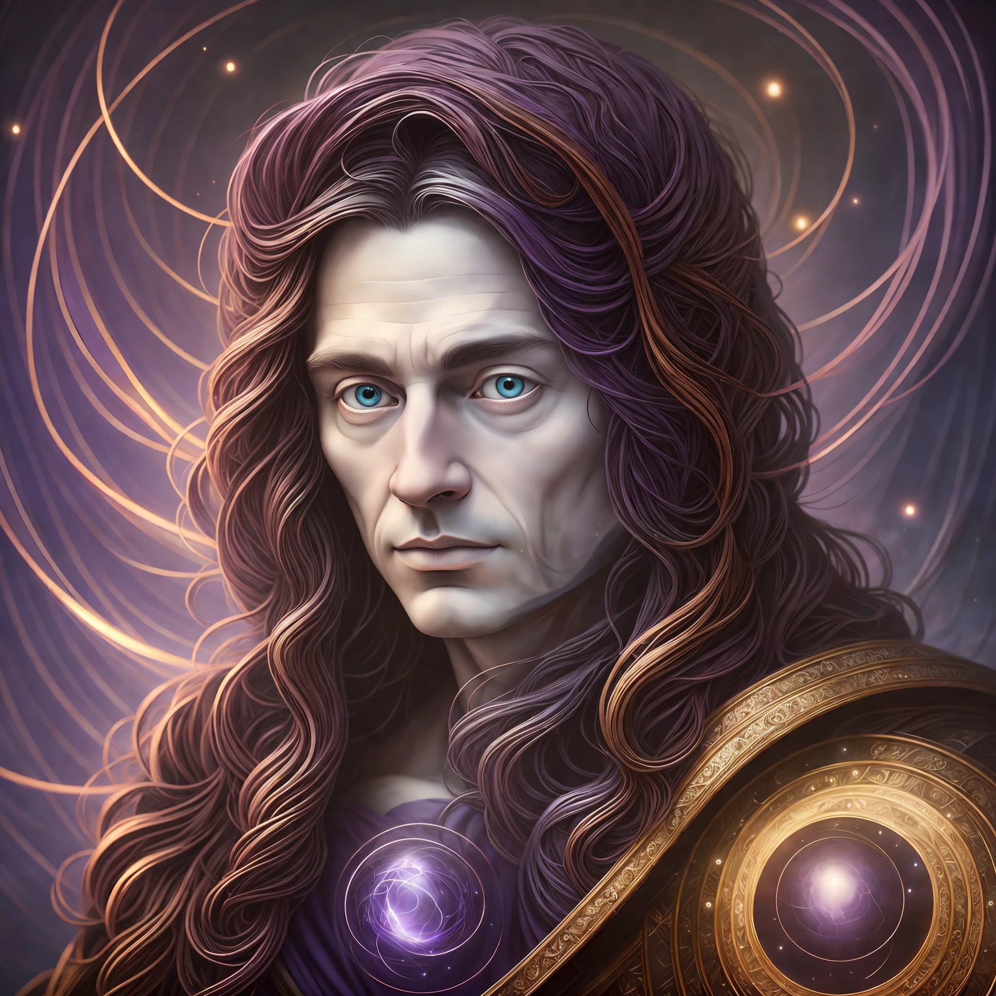 A man, in the style of visionary otherworldly, portraits with soft lighting, Wizard cape, fully clothed, kevin mcneal, mark seliger, dark purple and bronze, luminous spheres, leonardo da vinci --auto --s2
