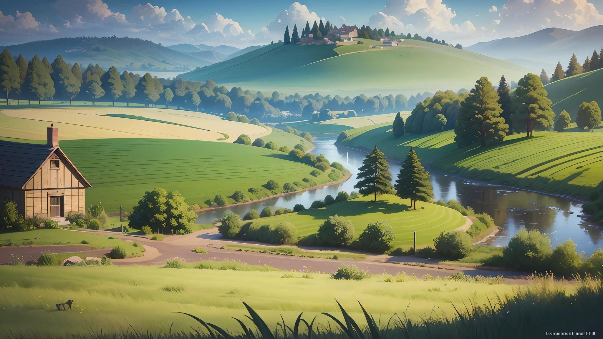 Description: Create a serene countryside landscape blending the techniques of matte painting and impressionism. Paint a picturesque countryside scene with rolling hills, a small village nestled in the distance, and a tranquil river winding through the fields. Use soft brushstrokes and muted colors to achieve an impressionistic effect, while incorporating intricate details and textures with matte painting techniques. --auto --s2