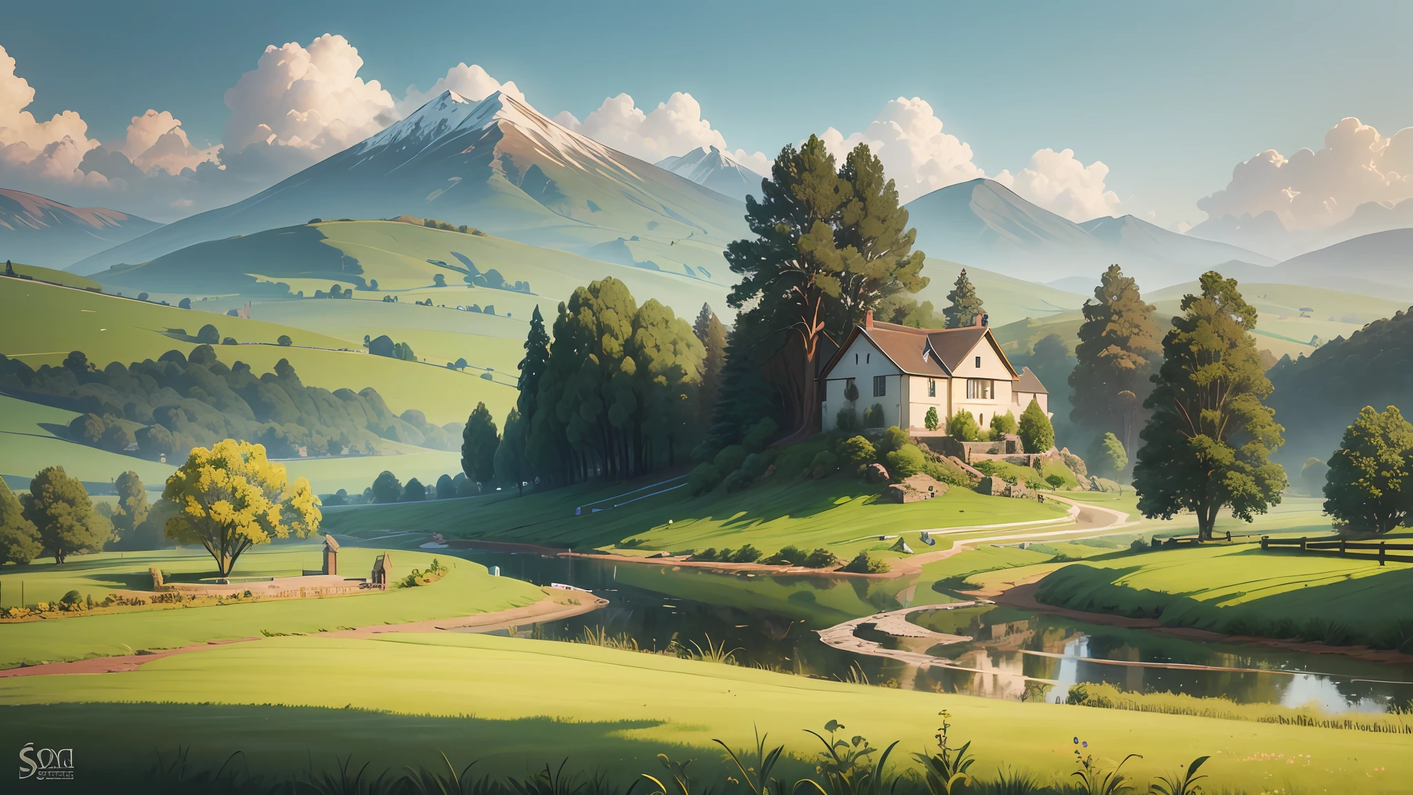 Description: Create a serene countryside landscape blending the techniques of matte painting and impressionism. Paint a picturesque countryside scene with rolling hills, a small village nestled in the distance, and a tranquil river winding through the fields. Use soft brushstrokes and muted colors to achieve an impressionistic effect, while incorporating intricate details and textures with matte painting techniques. --auto --s2