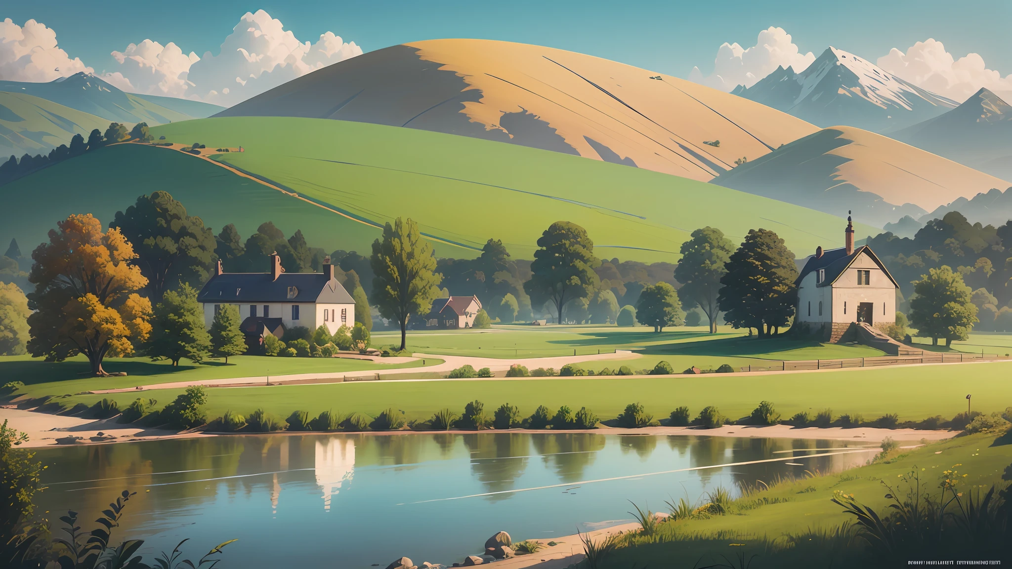 Description: Create a serene countryside landscape blending the techniques of matte painting and impressionism. Paint a picturesque countryside scene with rolling hills, a small village nestled in the distance, and a tranquil river winding through the fields. Use soft brushstrokes and muted colors to achieve an impressionistic effect, while incorporating intricate details and textures with matte painting techniques. --auto --s2