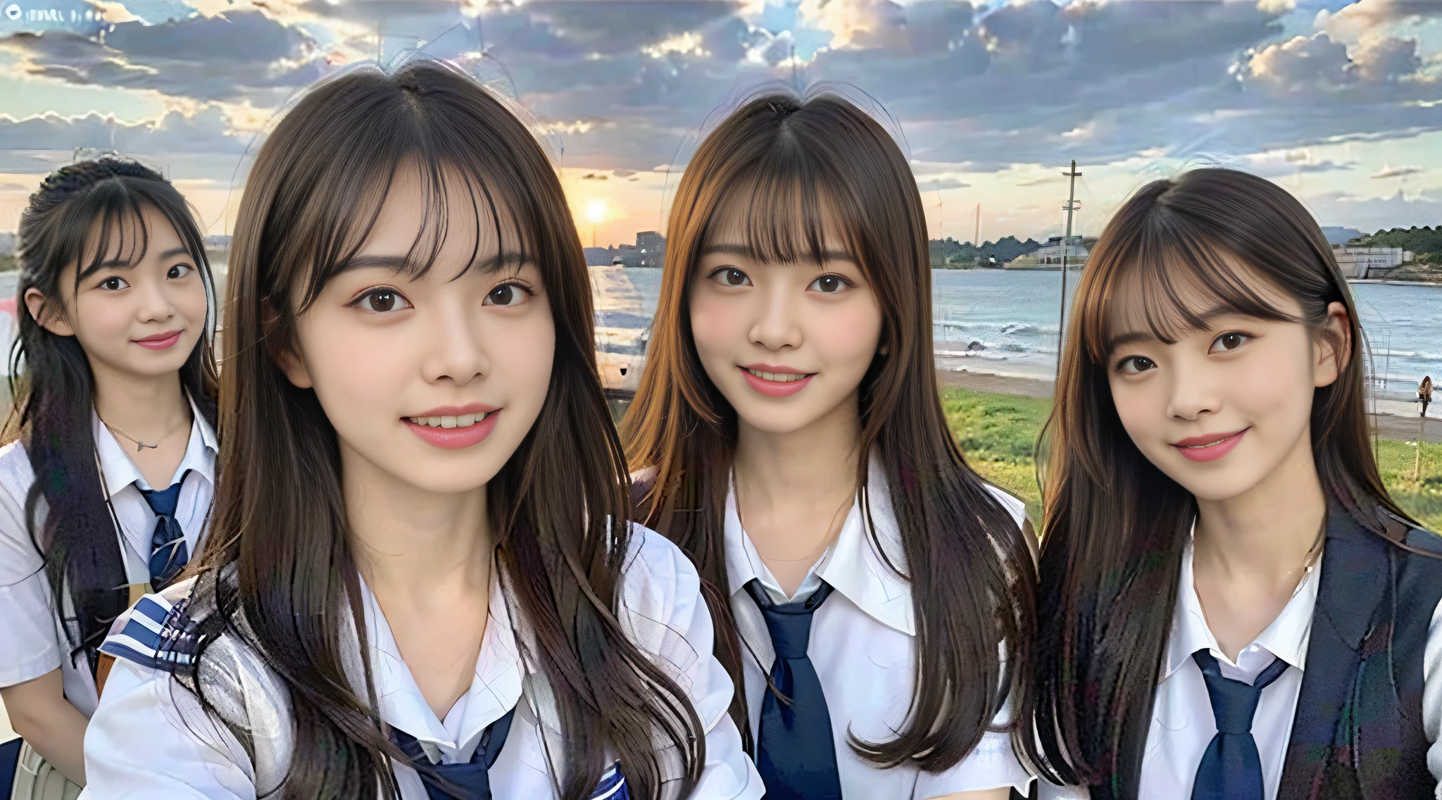 (8k, RAW photos, top quality, masterpiece: 1.2), super detail, super resolution, movie shot, (photorealistic: 1.4), frolicking by the water, full body shot, full body photo, high resolution raw color photo, professional photo, sun beach, emotional scenery, very detailed and beautiful, super high quality, 8k wallpaper, amazing details, huge file size, very detailed beautiful girlvery detailed face, very detailed eyes, very realistic skin, very detailed fingers, very detailed nose, very detailed mouth, perfect anatomy, very detailed background, very detailed clothes, teen, pretty girl, famous Japan idol, cute, realistic body, slender, white skin, glowing skin, slim body, long straight hair, (dull bangs:1.2), realistic face, delicate eyes, double eyelids, Sailor suit, red tie, pink eye shadow, high school girl Friend Smiling hair, after school Beautiful sunset Beach brown hair, high school girl youth Celebrity level cuteness Frolicking with multiple high school girls , Modern female proofreading with open arms, (heart mark under the eyes)
