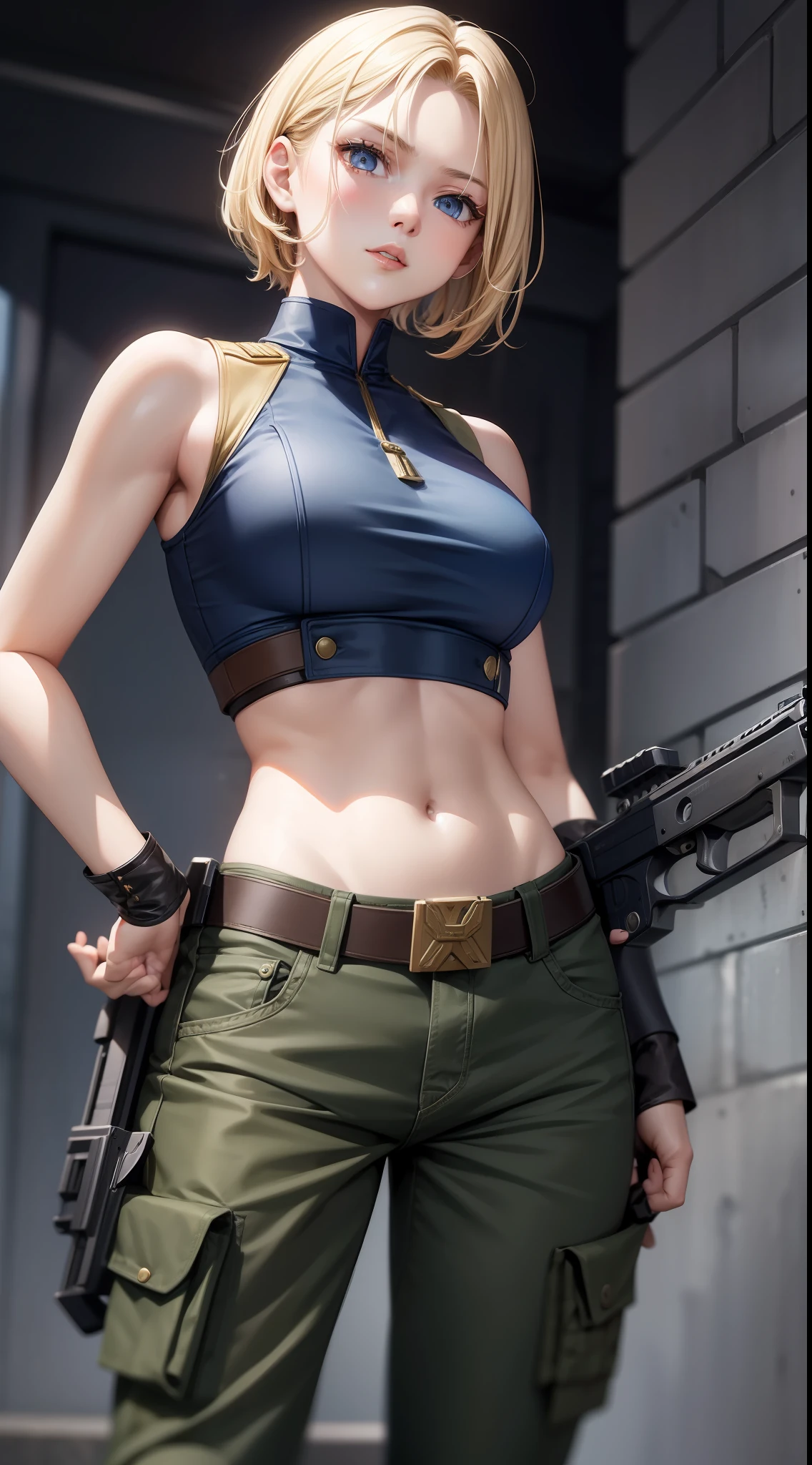 Young girl, short blonde hair, blue eyes, soldier's uniform, sleeveless, open belly, pants, gun, serious look, masterpiece, high quality