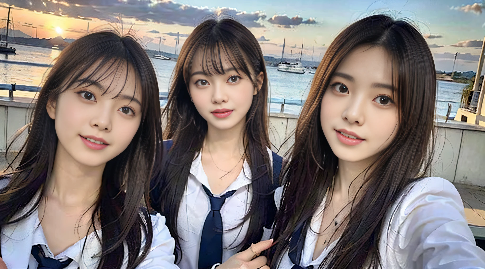 (8k, RAW photos, top quality, masterpiece: 1.2), super detail, super resolution, movie shot, (photorealistic: 1.4), frolicking by the water, full body shot, full body photo, high resolution raw color photo, professional photo, sun beach, emotional scenery, very detailed and beautiful, super high quality, 8k wallpaper, amazing details, huge file size, very detailed beautiful girlvery detailed face, very detailed eyes, very realistic skin, very detailed fingers, very detailed nose, very detailed mouth, perfect anatomy, very detailed background, very detailed clothes, teen, pretty girl, famous Japan idol, cute, realistic body, slender, white skin, glowing skin, slim body, long straight hair, (dull bangs:1.2), realistic face, delicate eyes, double eyelids, Sailor suit, red tie, pink eye shadow, high school girl Friend Smiling hair, after school Beautiful sunset Beach brown hair, high school girl youth Celebrity level cuteness Frolicking with multiple high school girls , Modern female proofreading with open arms, (heart mark under the eyes)
