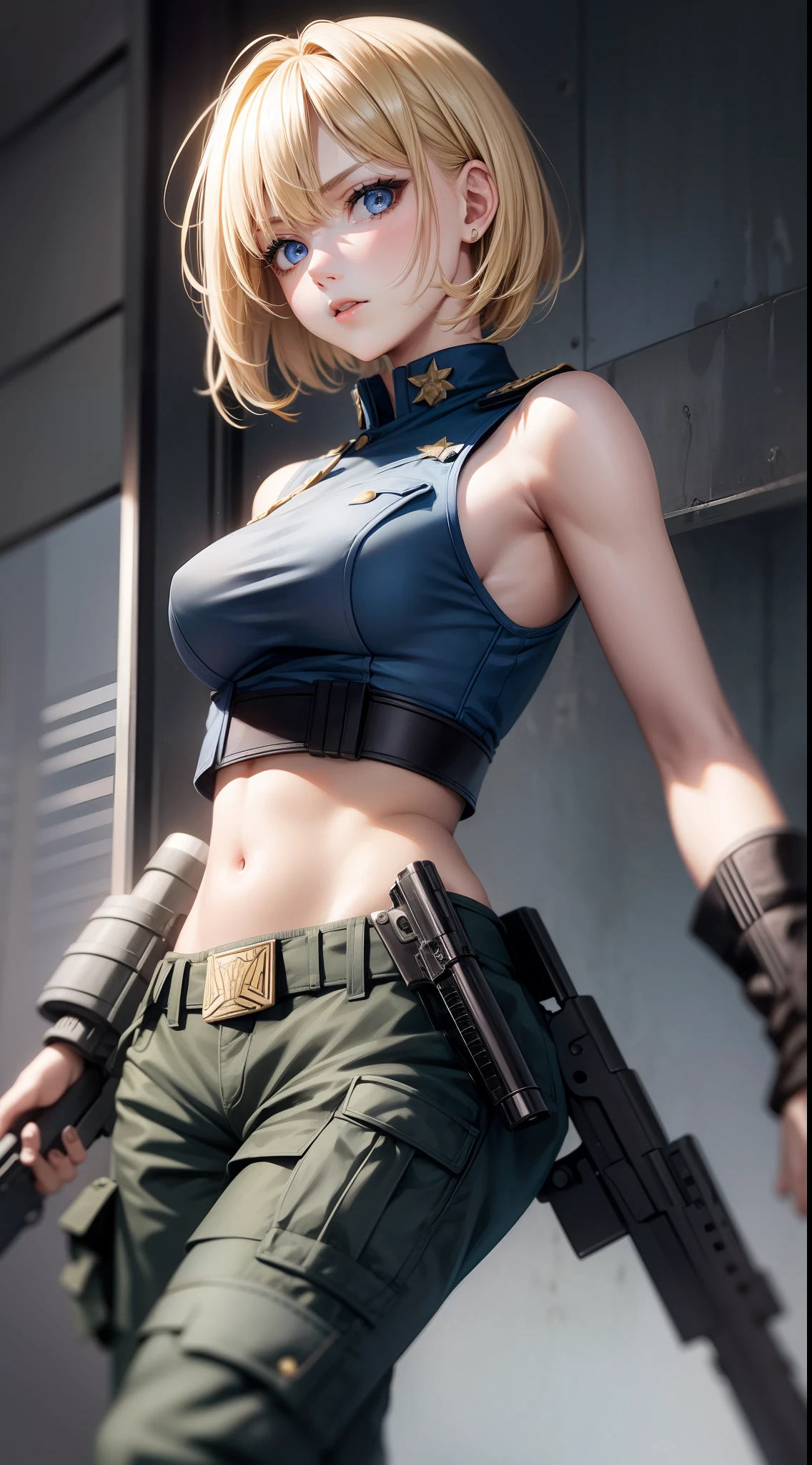 Young girl, short blonde hair, blue eyes, soldier's uniform, sleeveless, open belly, pants, gun, serious look, masterpiece, high quality