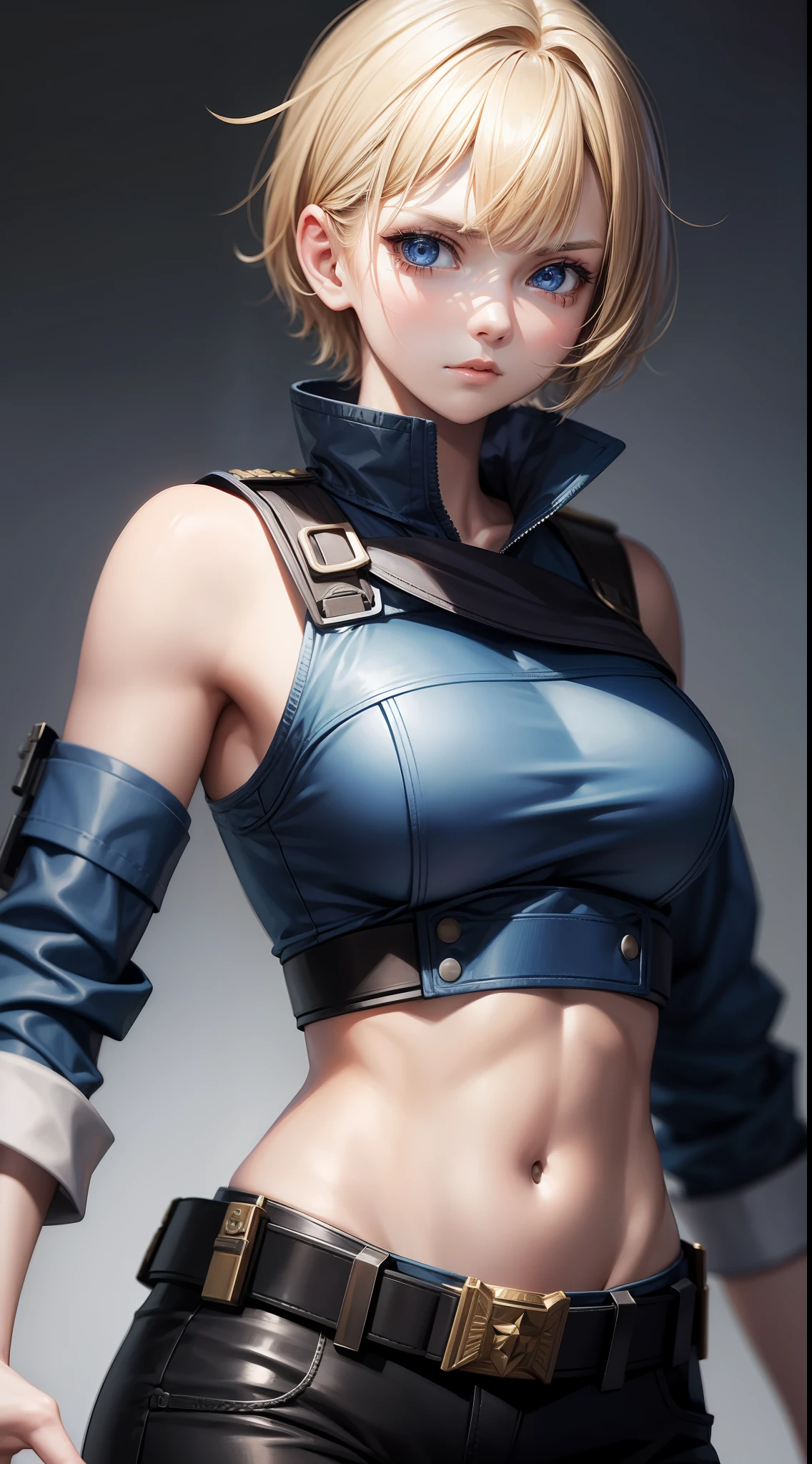 Young girl, short blonde hair, blue eyes, soldier's uniform, sleeveless, open belly, pants, gun, serious look, masterpiece, high quality
