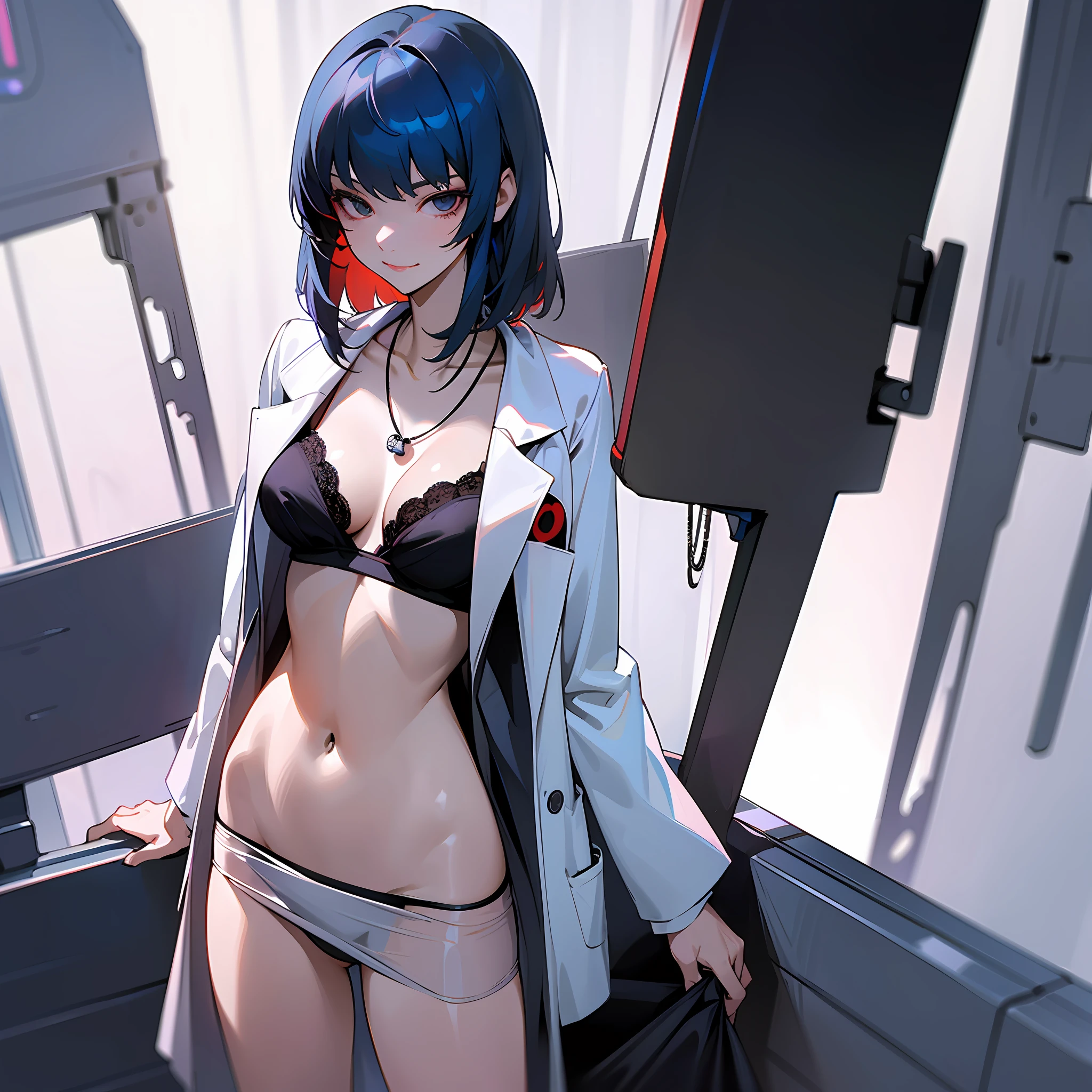 Masterpiece, Hot Shot, ((Best Quality)), Absurd, Perfect Anatomy, Tae Takemi, (Little Smile), Necklace, Necklace, No Dress, (:1.3), No Bra, Defined Abdomen, Lab Coat, Standing, Doctor's Office Background, Sexy Pose, No Clothes, No Lingerie --auto --s2