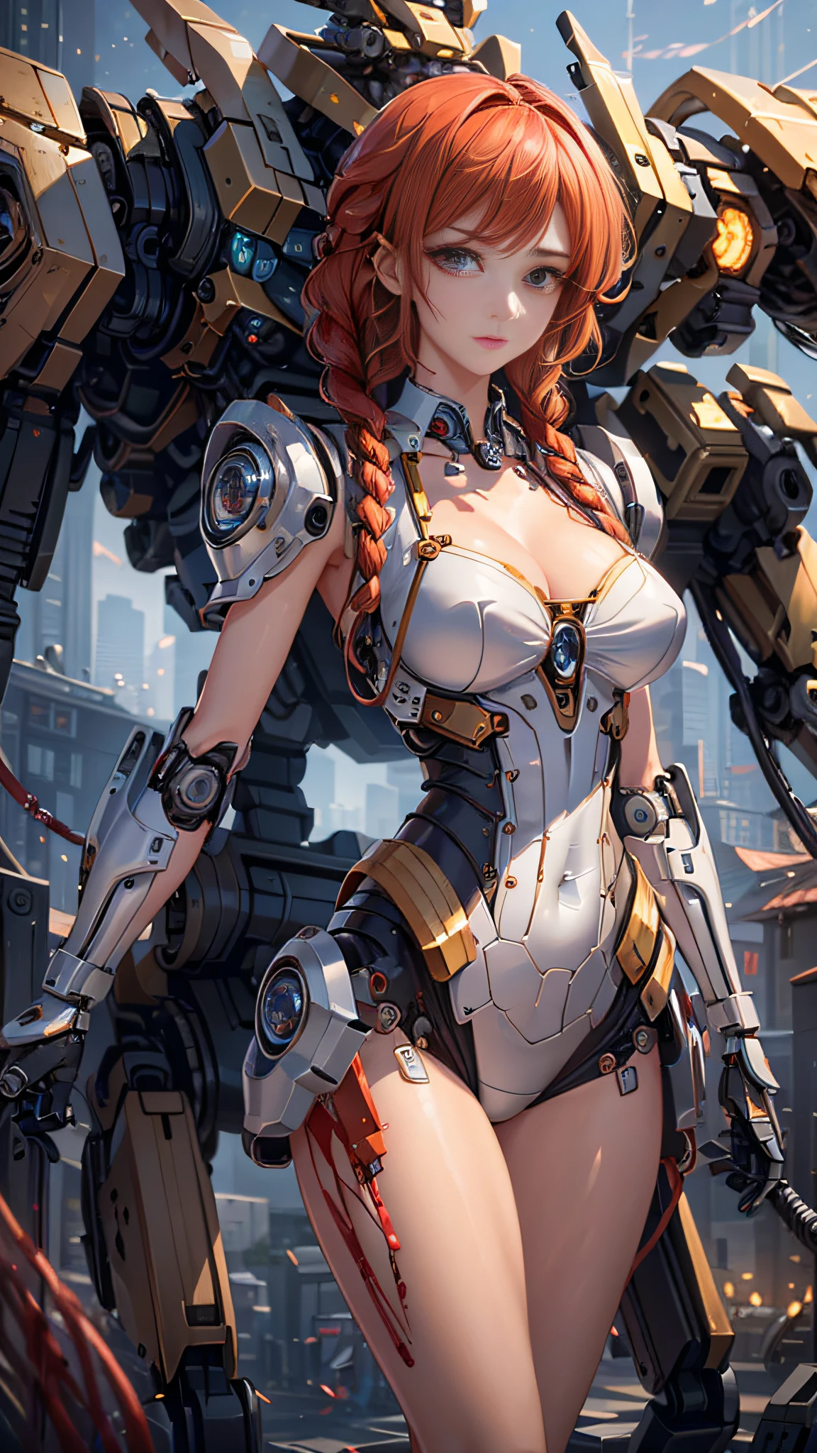 (((masterpiece))), (((best quality))), ((ultra-detailed)), (highly detailed CG illustration), ((extremely delicate and beautiful, very sexy)),cinematic light,((1mechanical girl) ), solo,(cowboy shot: 1.2),(machine-made joints: 1.2),((mechanical limbs)),(blood vessels connected to tubes),(mechanical vertebra attached to the back),((mechanical cervical union to the neck) ), expressionless, (wires and cables attached to the neck: 1.2), (wires and cables on the head: 1.2), (focus on character), science fiction, extremely detailed, colorful, highest detailed, loongs, fengs, background, red hair with braids,