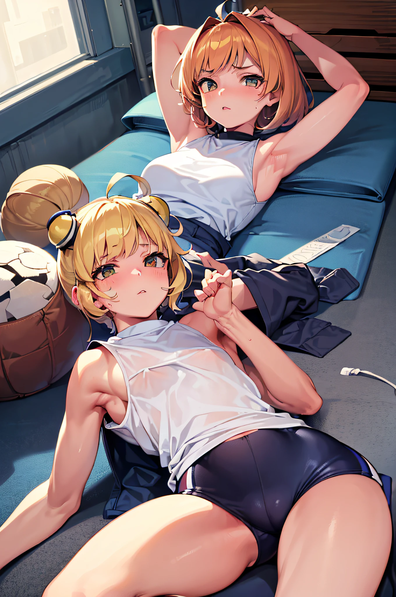 (((arms, armpits))), (((shame)), gymnasium storeroom, 1 girl, masterpiece, top quality, very detailed,