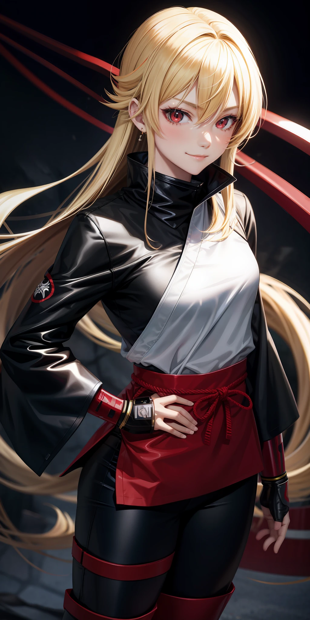 anime, girl single, blonde, red eyes, ninja, ninja uniform, little smile