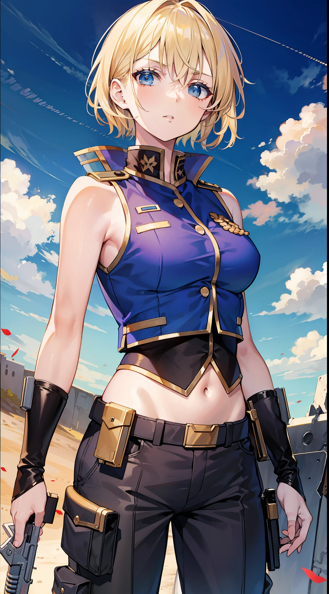 Young girl, short blonde hair, blue eyes, soldier's uniform, sleeveless, open belly, pants, gun, serious look, masterpiece, high quality