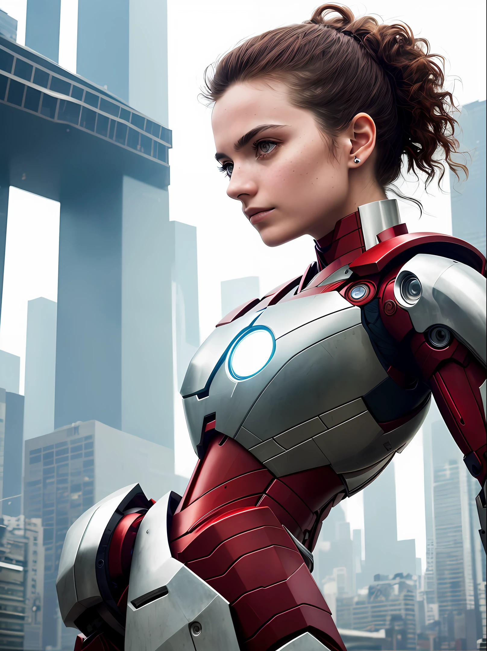 RAW, Masterpiece, Ultra Fine Photo,, Best Quality, Ultra High Resolution, Photorealistic, Sunlight, Full Body Portrait, Stunningly Beautiful,, Dynamic Poses, Delicate Face, Vibrant Eyes, (Side View) , she is wearing a futuristic Iron Man mech, very detailed background, detailed face, detailed busy background, messy, gorgeous, milky, high detailed skin, realistic skin details, visible pores, sharp focus, volume Fog, 8k uhd, dslr, high quality, film grain, fair skin, photorealism, lomography, sprawling metropolis in a futuristic dystopia, view from below, translucent