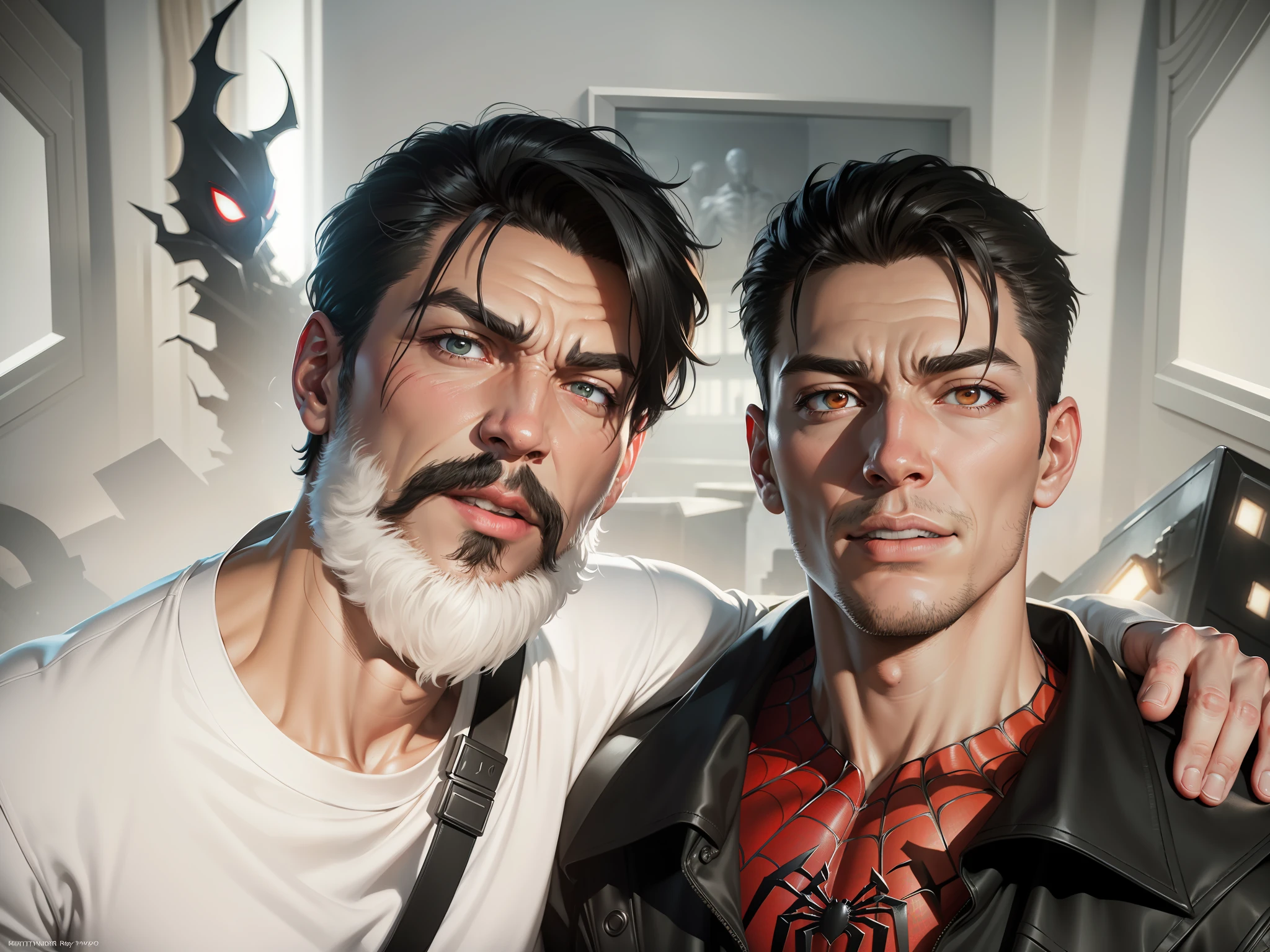 Spider - Man in a black suit and with spider in the center of his chest in white with, white eyes, , fine art, PS5 cinematic screenshot, symbiote, highly detailed detailed cinematic rendering, ultra photorealistic raytricing, with cinematic lighting