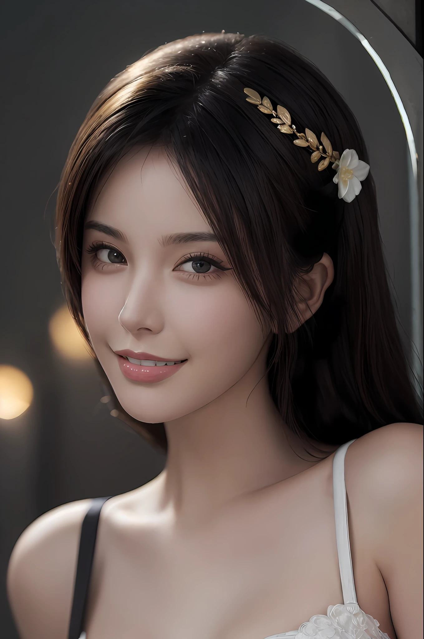 (Masterpiece: 1.3), (8k, photorealistic, RAW photo, top quality: 1.4), (1girl), beautiful face, (realistic face), (black hair), beautiful hairstyle, realistic eyes, beautiful detail eyes, (realistic skin), beautiful skin, absurdity, attractive, ultra high resolution, ultra realistic, high definition, golden ratio, whole body, smiling teeth are visible, beautiful smile,