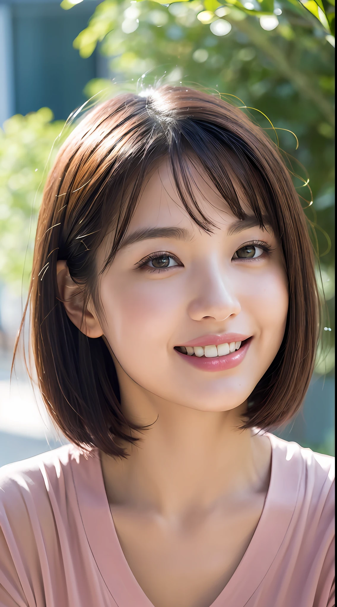(8k, RAW Photos, Best Quality, High Resolution: 1.1), (Ultra Realistic: 1.4), (Realistic, Photorealistic: 1.3), Soft Light, Big, Girl, Realistic Face, Realistic Body, Realistic Skin, Absurdity, Masterpiece, (Cute: 1.8), Cuties, Solo, (Big: 1.2), Detailed Black Eyes, Innocent Eyes, Cheek, (T-Shirt: 1.2), Cinema Light, Film grain, jewelry, dark blue polo shirt, ((short bob hair: 1.1)), (floating hair nova frog style)), cherry colored lips, close-up, look viewer, upper body, open lips, upper teeth, (smiling eyes: 0.6), (grinning: 1.2)), depth of field, blurred background, eye focus, bokeh, young, 85mm lens, f/1.4, Professional Lighting, Young, Portrait, Photon Mapping, Radiosity, Physically Based Rendering, No Bra