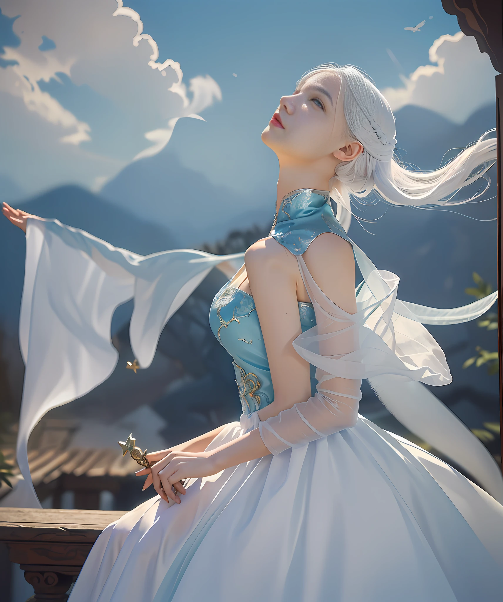 A painting of a woman holding a colored divine stone and divine fire, looking up at the sky, the sky is just below her tail Snake woman mixed, mythical colors, Molbach, Peter Molbach style, Peter Molbach c 2 0, Art style in Molbach, Peter Molbach style, Snake woman in white gauze dress, In Peter Molbach style, The Serpent Queen has no legs, Peter Molbach and artistic reproduction, looking up at the sky, depth of field fairy under fan, white hair, white gauze skirt, fairy under fan