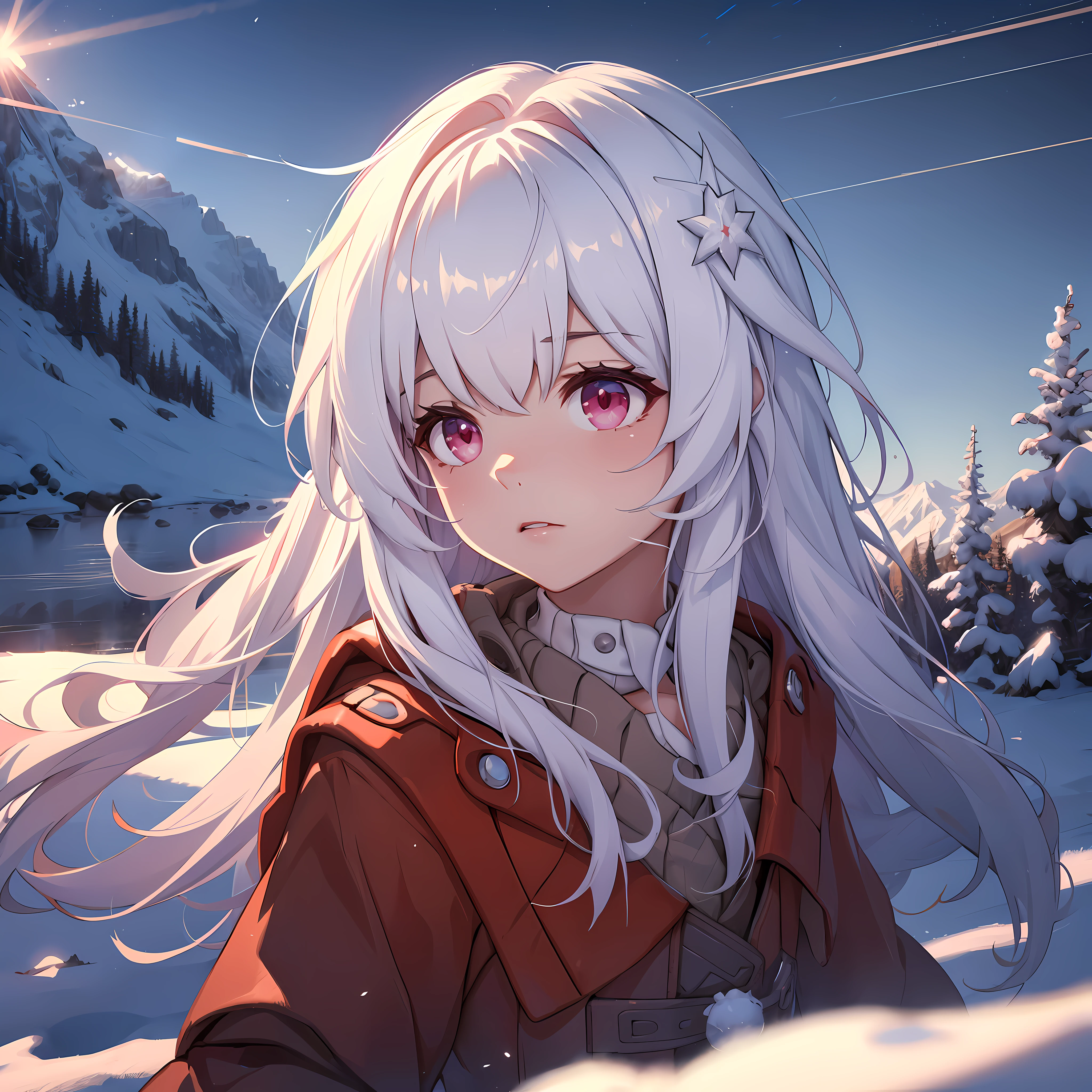 clear, honkai star rail, mountain background with snow, 1 girl, red eyes, white hair, film grain, flower, backlighting, reflection light, god rays, blurred, cinematic lighting, motion blur, masterpiece, best quality, masterpiece, super detail, high quality, best quality, 16k, HD, high details, detailed eyes, eye sparkles,