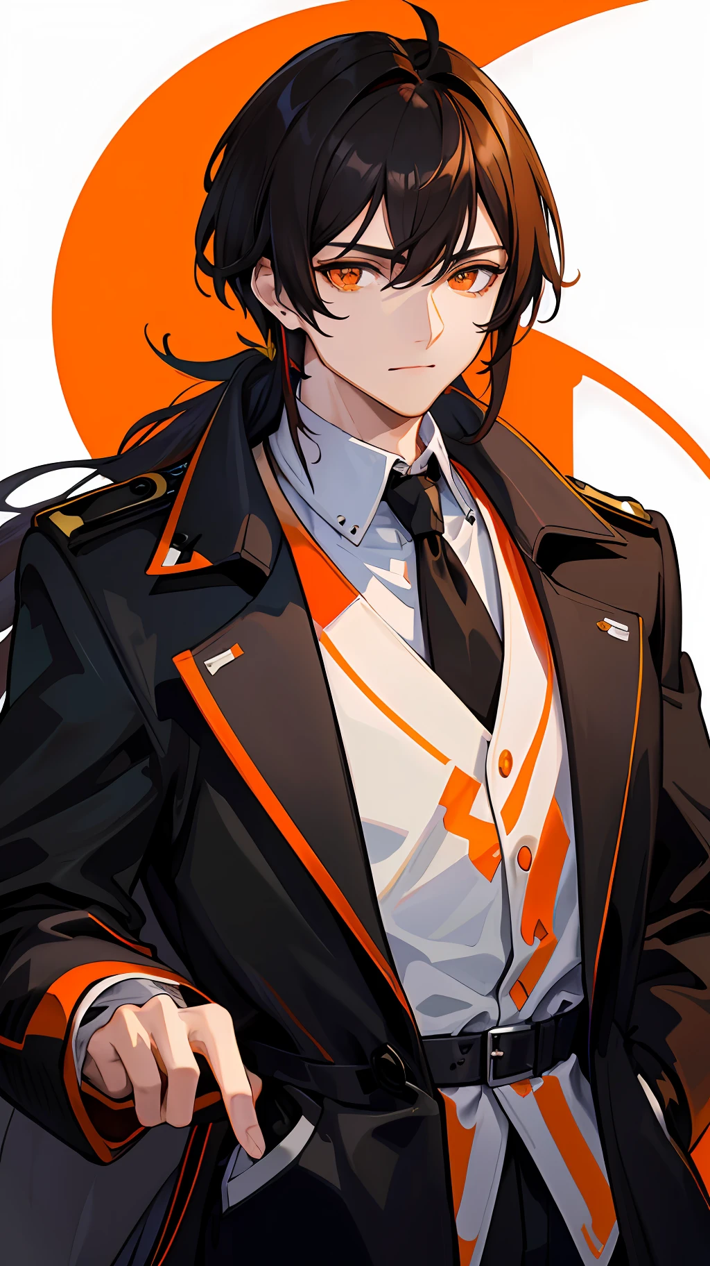 (Masterpiece, highest quality, high resolution), 1 medieval brunette male, wolf tail hairstyle, slightly longer hair, bright orange eyes, wearing black trench coat, white shirt, wearing orange earrings, bust, looking forward firmly, stark shadows, bright highlights, simple white background