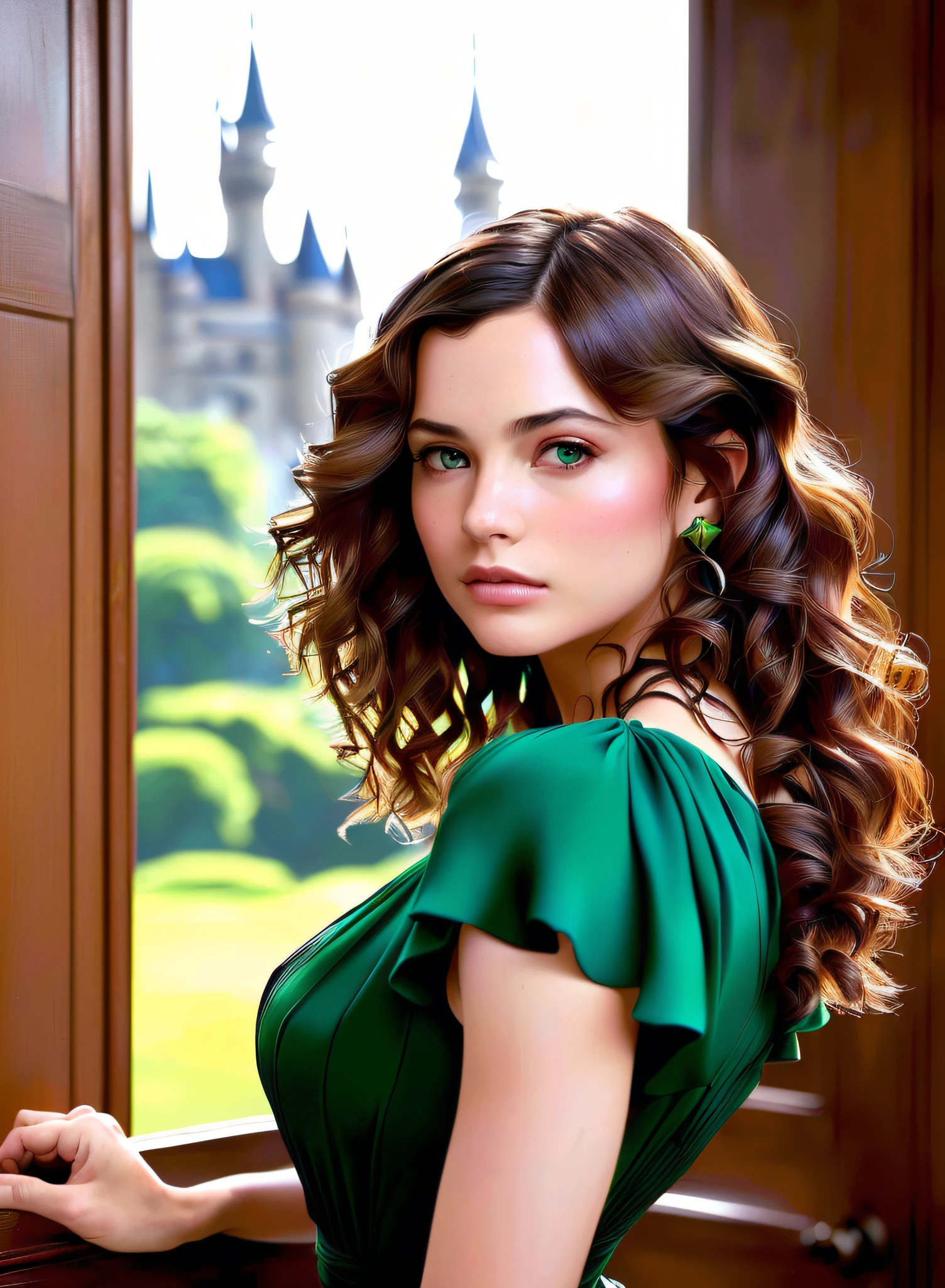 Girl in front of a castle, curly brown hair, green eyes, green dress, modelshoot style, (extremely detailed CG unity 8k wallpaper), full shot body photo of the most beautiful artwork in the world, professional majestic oil painting by Ed Blinkey, Atey Ghailan, Studio Ghibli, by Jeremy Mann, Greg Manchess, Antonio Moro, trending on ArtStation, trending on CGSociety, Intricate, High Detail, Sharp focus, dramatic, photorealistic painting art by midjourney and greg rutkowski