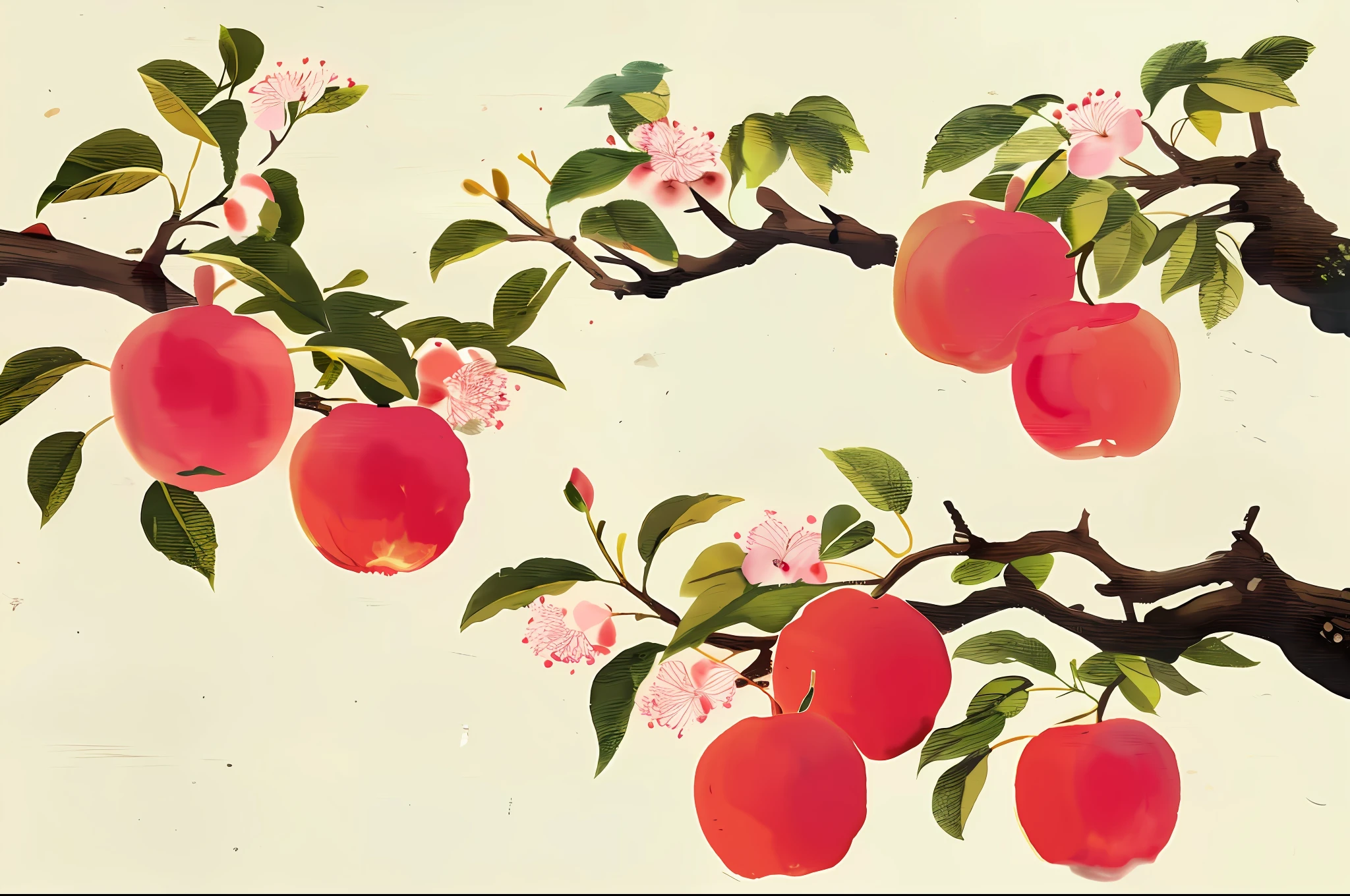 Apple, apple blossom, apple leaf, Chinese ink painting