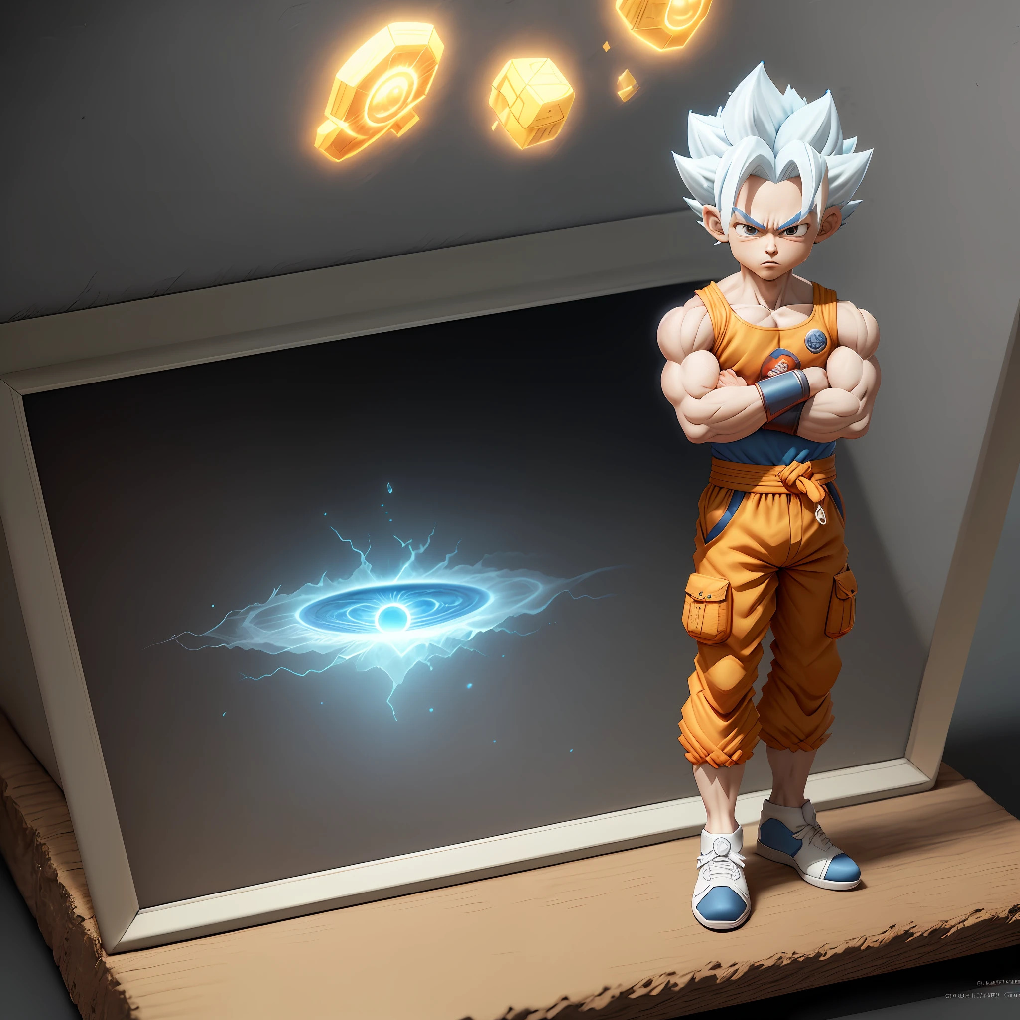 Goku, super saiyan, exquisite hair, arm depiction, white and blue hair body, exquisite shoes, eye depiction, exquisite hair, popmart blind box, clay texture, stepping on the land, black and white background, natural lighting, most good quality, super detail, 3D art, c4d, OC renderer, 3D rendering, 8k