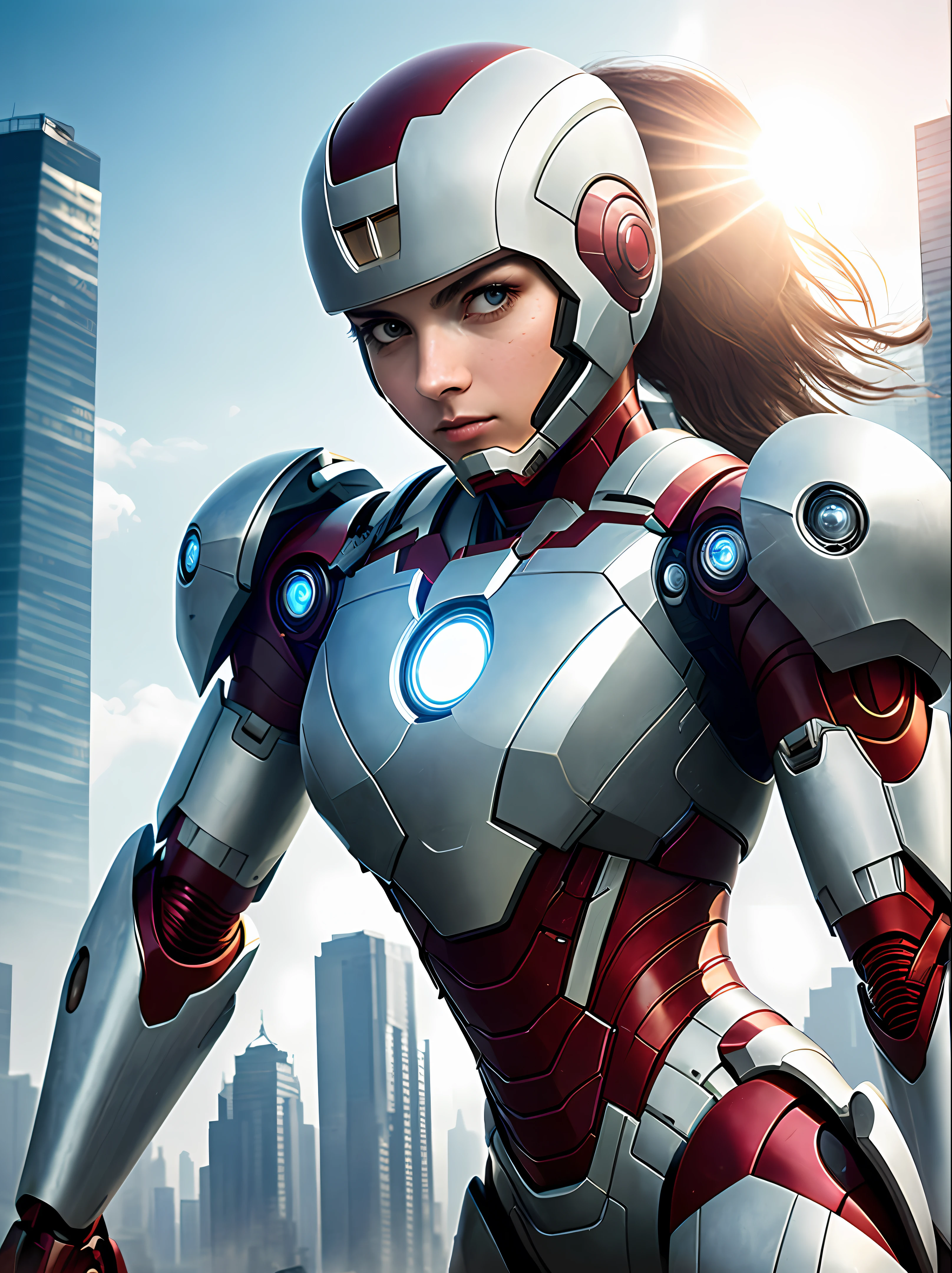 RAW, Masterpiece, Ultra Fine Photo,, Best Quality, Ultra High Resolution, Photorealistic, Sunlight, Full Body Portrait, Stunningly Beautiful,, Dynamic Poses, Delicate Face, Vibrant Eyes, (Side View) , she is wearing a futuristic Iron Man mech, very detailed background, detailed face, detailed busy background, messy, gorgeous, milky, high detailed skin, realistic skin details, visible pores, sharp focus, volume Fog, 8k uhd, dslr, high quality, film grain, fair skin, photorealism, lomography, sprawling metropolis in a futuristic dystopia, view from below, translucent