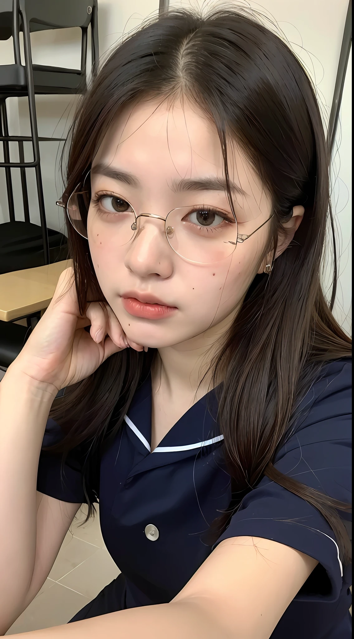 ((Top Quality, 8k, Masterpiece: 1.3)), Sharp Focus: 1.2, (((Colossal: 1.2)), Highly Detailed Face and Skin Texture, Detailed Eyes, Busaic, Fat, Dark, Glasses, Slouch, Upper Eyebrows, Unkempt Eyebrows, Sailor Suit: 1.3, Classroom, Angle of view from above, Sitting on a chair, Unkempt hair, Acne scars, Photos taken from people
