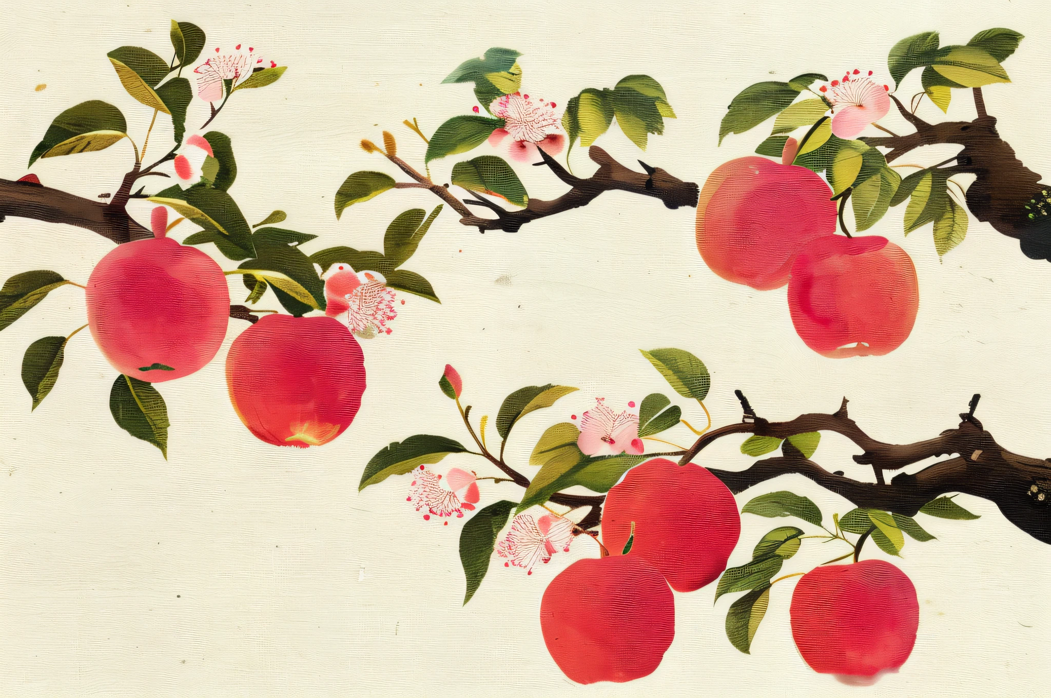 Apple, apple blossom, apple leaf, Chinese ink painting